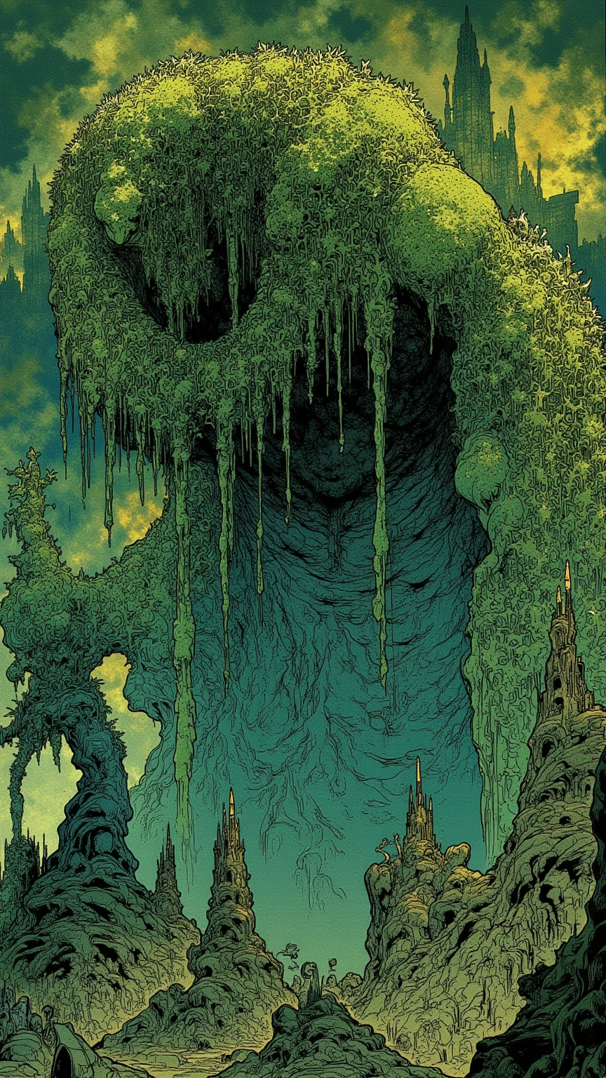  photo of a giant covering the forest ,  what looks like a giant covering the whole forest ,  Giant by Studio Ghibli Design 々 design with flowers growing , pose reaching for something ,Elden Ring Giants , The giant's body is covered with moss and ivy and the tree {x} has a mystical atmosphere integrated with nature,Aerial photo ,  experimental composition  , fantastic atmosphere of the sunset , backlit giant ,  natural material （Stone and wood ） ornaments made of the body , Amazing Painted Art , Small picture of a traveler on horseback , dark fantasy concept art , rpg concept art , High Definition Character Detailed Images  ,  rpg concept art , Elden Ring Video Game Character Art,Highly detailed line art, Low Saturation but Vivid Ink Drawing ,So unrealistic, full color illustration