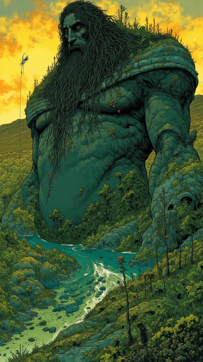  photo of a giant covering the forest ,  what looks like a giant covering the whole forest ,  Giant by Studio Ghibli Design 々 design with flowers growing , pose reaching for something ,Elden Ring Giants , The giant's body is covered with moss and ivy and the tree {x} has a mystical atmosphere integrated with nature,Aerial photo ,  experimental composition  , fantastic atmosphere of the sunset , backlit giant ,  natural material （Stone and wood ） ornaments made of the body , Amazing Painted Art , Small picture of a traveler on horseback , dark fantasy concept art , rpg concept art , High Definition Character Detailed Images  ,  rpg concept art , Elden Ring Video Game Character Art,Highly detailed line art, Low Saturation but Vivid Ink Drawing ,So unrealistic, full color illustration