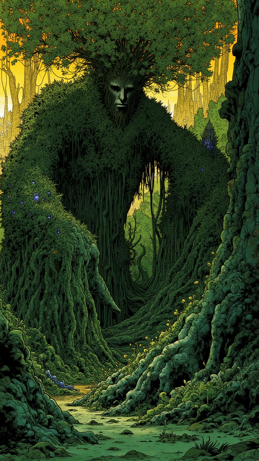  photo of a giant covering the forest ,  what looks like a giant covering the whole forest ,  Giant by Studio Ghibli Design 々 design with flowers growing , pose reaching for something ,Elden Ring Giants , The giant's body is covered with moss and ivy and the tree {x} has a mystical atmosphere integrated with nature,Aerial photo ,  experimental composition  , fantastic atmosphere of the sunset , backlit giant ,  natural material （Stone and wood ） ornaments made of the body , Amazing Painted Art , Small picture of a traveler on horseback , dark fantasy concept art , rpg concept art , High Definition Character Detailed Images  ,  rpg concept art , Elden Ring Video Game Character Art,Highly detailed line art, Low Saturation but Vivid Ink Drawing ,So unrealistic, full color illustration