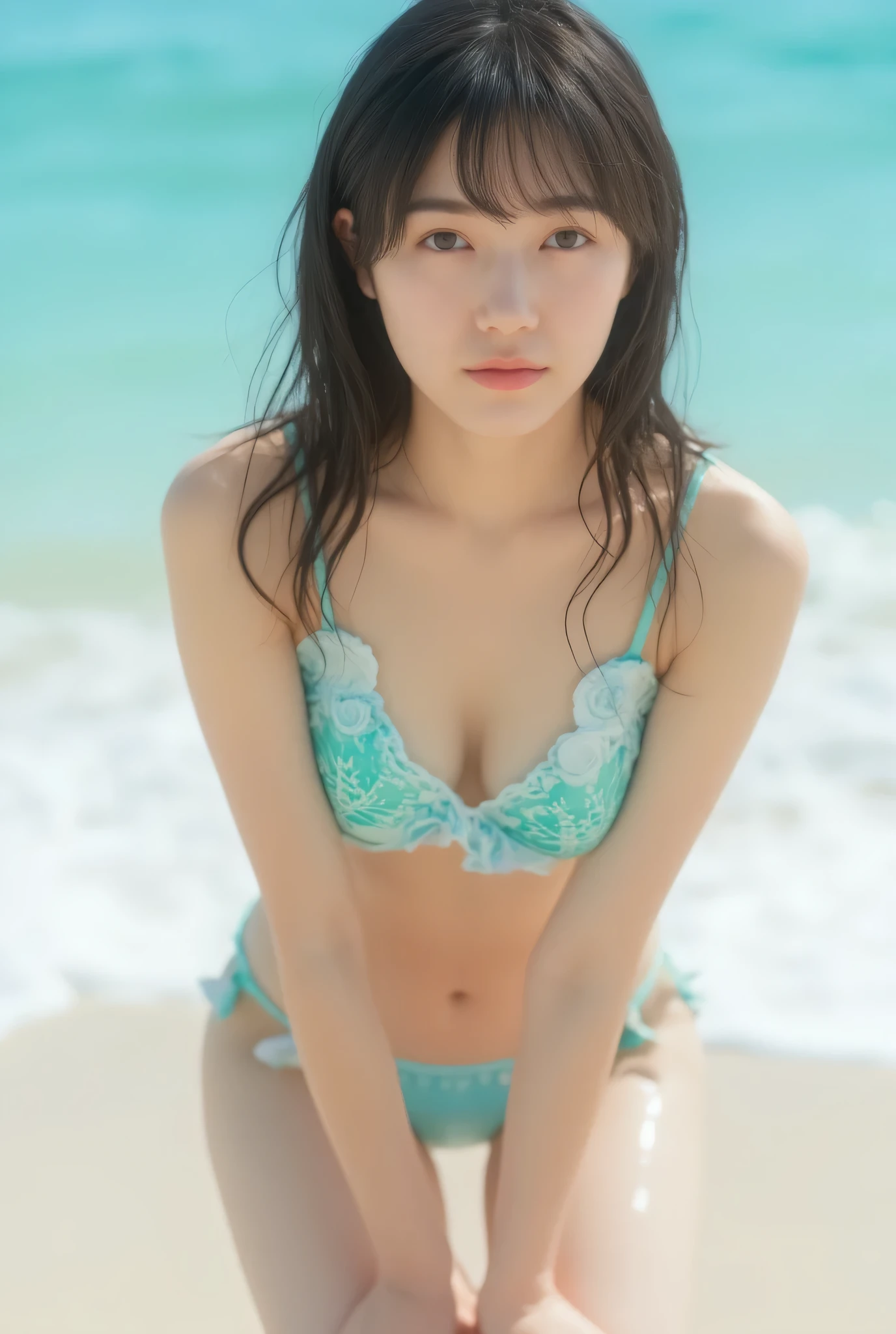 Highest quality, (beautiful)、Micro Bikini、Close-up、Larger breasts、Brown Hair、looking at the camera、Shoot from the side、Beach、Embarrassed、Sleeping on your stomach