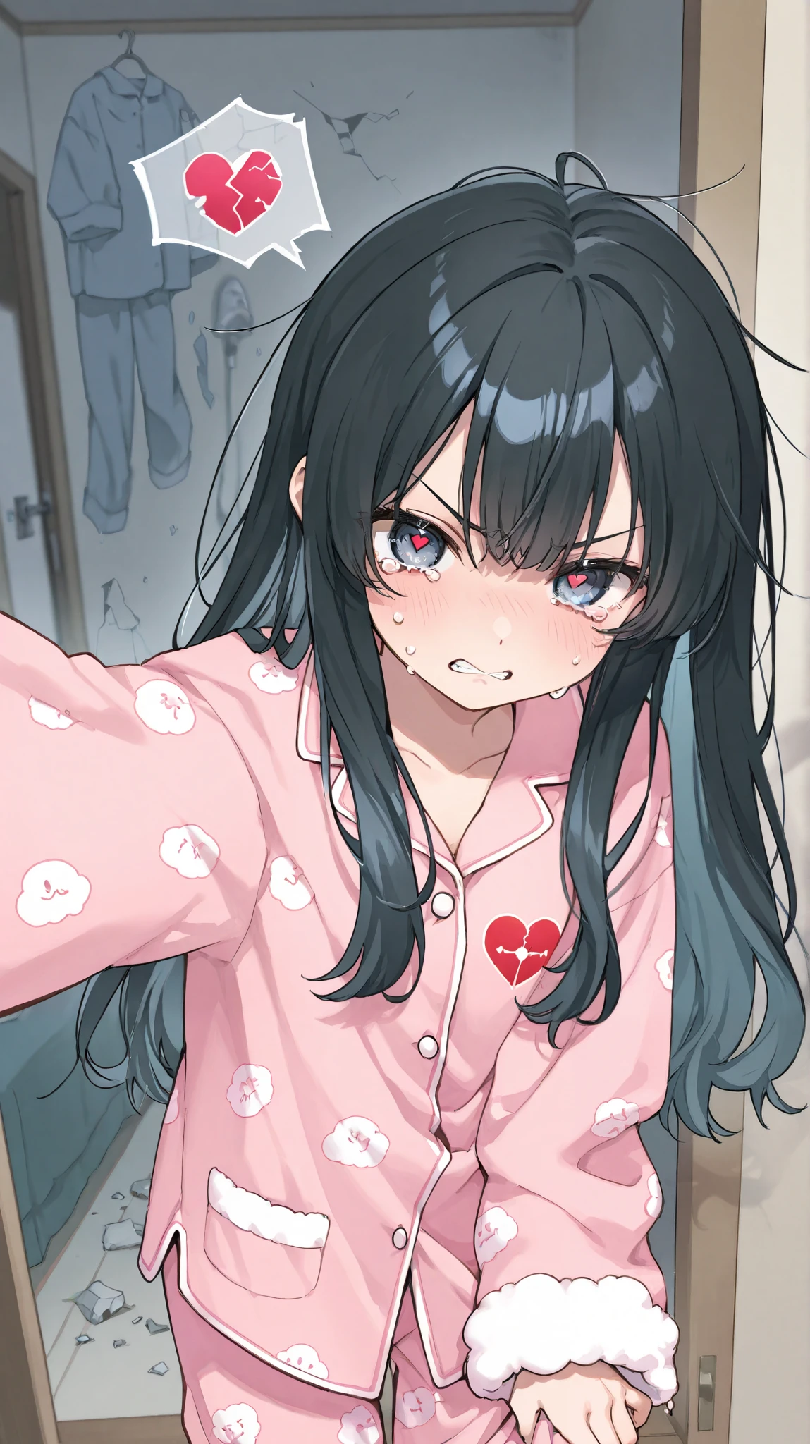1 girl、 black hair、 bosa long hair、 pastel pink inner color、 fluffy pink long sleeve pajamas、 very angry 、tears、Broken Heart、stand up and reach out to hold us、A room based on gray。