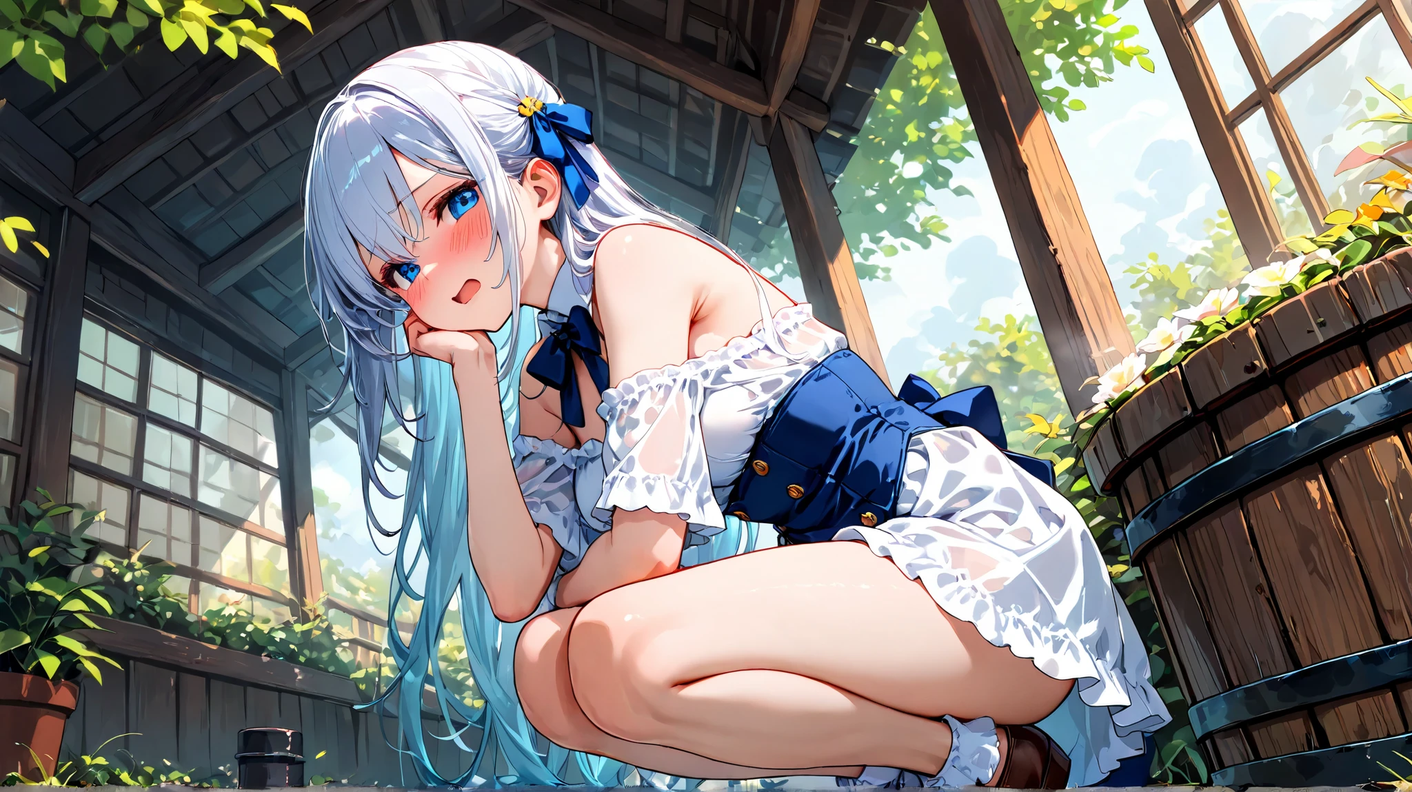 ((A Pretty girl with silver hair and blue eyes)), ((wearing see through camisole and mini skirt)), Baby face, ((top-quality, master piece, ultra-definition, high resolution)), anime girl, ((ultra-detailed illust:1.2)), only one person, bangs, hair betw eye, beautiful hair, Beautiful eyes, huge breast, Big smile, opened mouth, barefoot, in the river, countryside,see through,((Nipples visible)),((nipples)),(lifted up skirt),pussy,((skirt lift)),((show off inside skirt)),((cameltoe,pussy)),