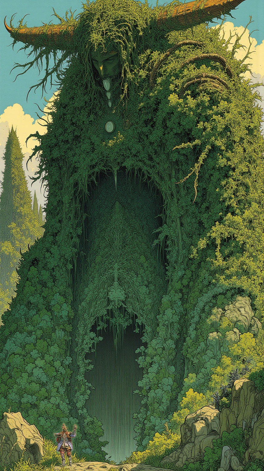  photo of a giant covering the forest ,  what looks like a giant covering the whole forest ,  Giant by Studio Ghibli Design 々 design with flowers growing , pose reaching for something ,Elden Ring Giants , The giant's body is covered with moss and ivy and the tree {x} has a mystical atmosphere integrated with nature,Aerial photo ,  experimental composition  , fantastic atmosphere of the sunset , backlit giant ,  natural material （Stone and wood ） ornaments made of the body , Amazing Painted Art , Small picture of a traveler on horseback , dark fantasy concept art , rpg concept art , High Definition Character Detailed Images  ,  rpg concept art , Elden Ring Video Game Character Art,Highly detailed line art, Low Saturation but Vivid Ink Drawing ,So unrealistic, full color illustration