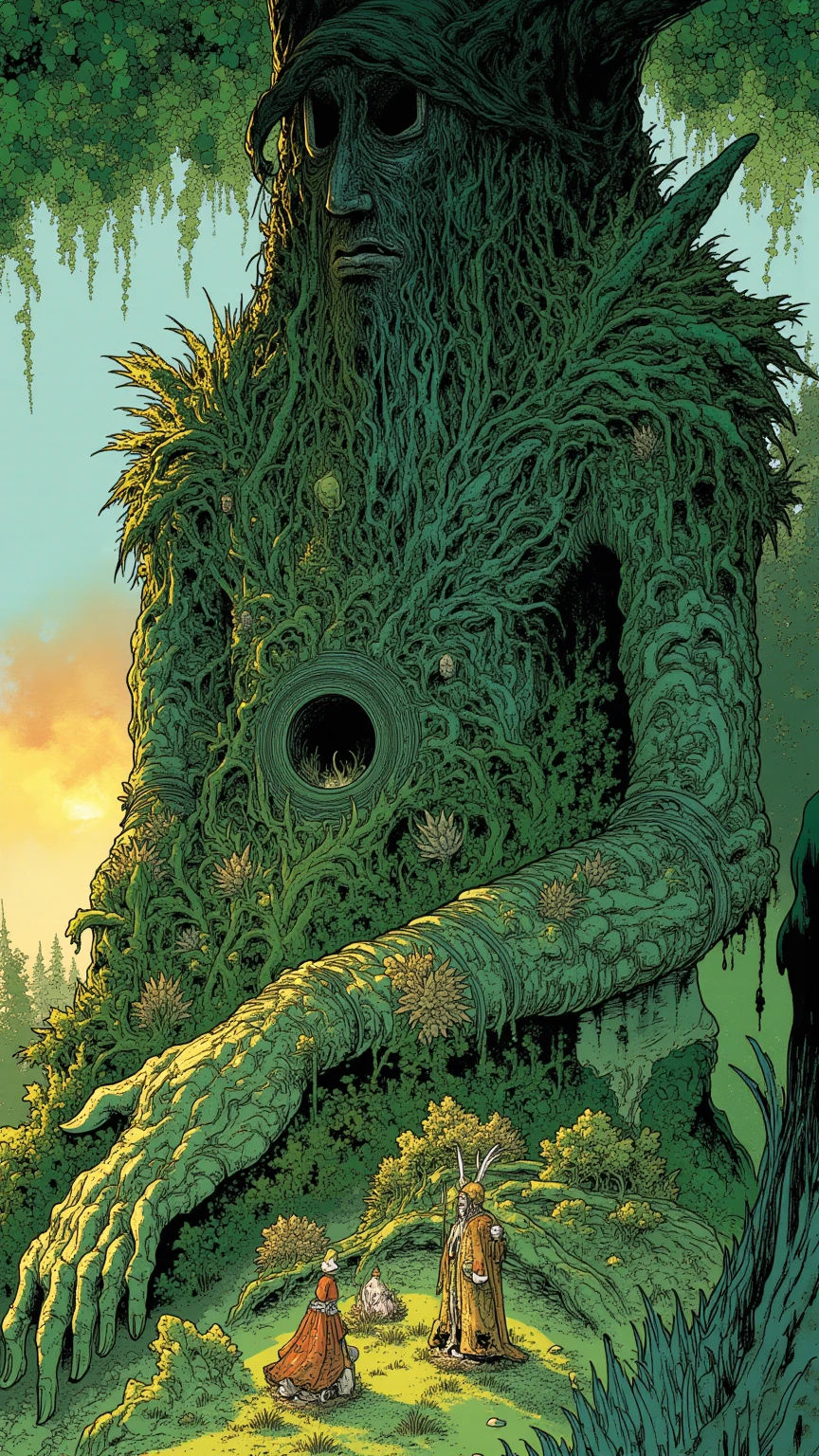  photo of a giant covering the forest ,  what looks like a giant covering the whole forest ,  Giant by Studio Ghibli Design 々 design with flowers growing , pose reaching for something ,Elden Ring Giants , The giant's body is covered with moss and ivy and the tree {x} has a mystical atmosphere integrated with nature,Aerial photo ,  experimental composition  , fantastic atmosphere of the sunset , backlit giant ,  natural material （Stone and wood ） ornaments made of the body , Amazing Painted Art , Small picture of a traveler on horseback , dark fantasy concept art , rpg concept art , High Definition Character Detailed Images  ,  rpg concept art , Elden Ring Video Game Character Art,Highly detailed line art, Low Saturation but Vivid Ink Drawing ,So unrealistic, full color illustration