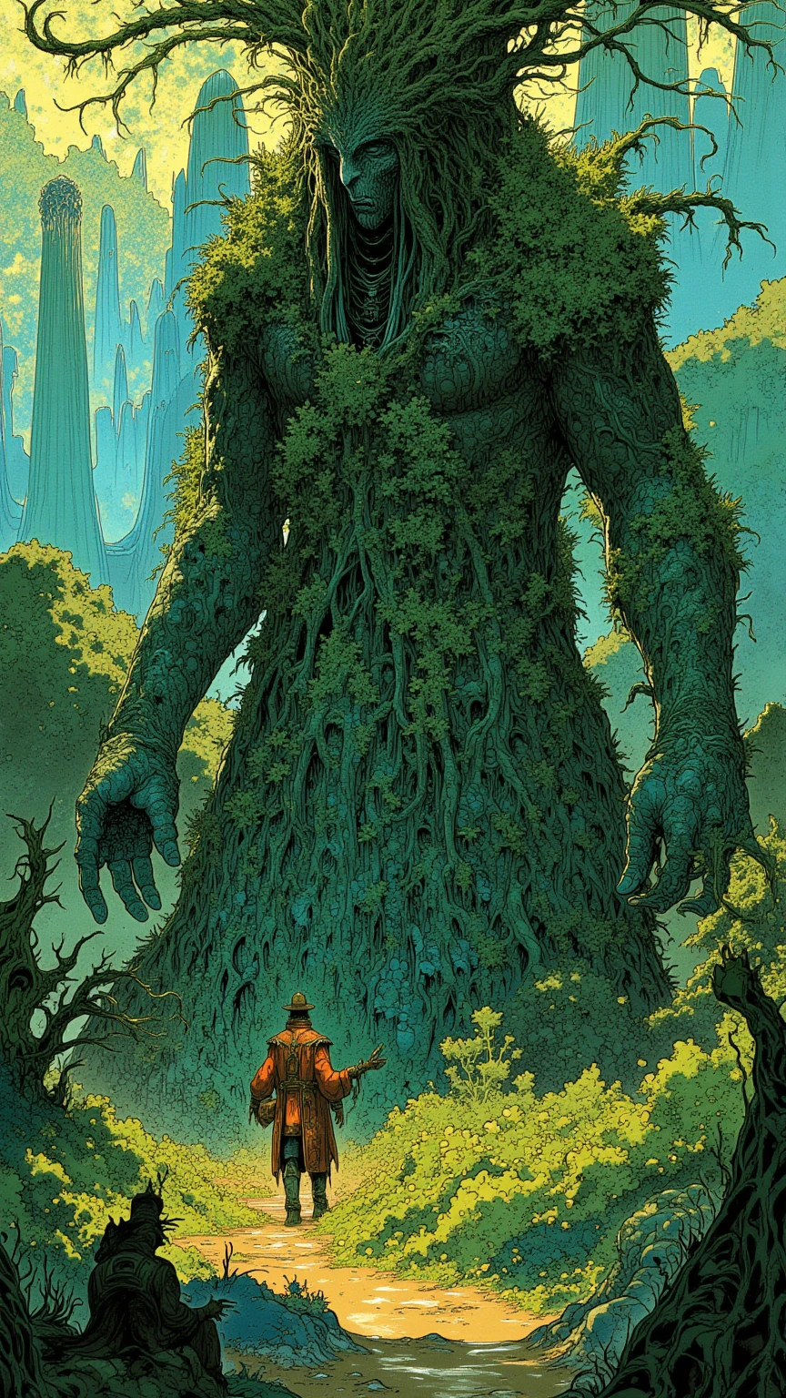  photo of a giant covering the forest ,  what looks like a giant covering the whole forest ,  Giant by Studio Ghibli Design 々 design with flowers growing , pose reaching for something ,Elden Ring Giants , The giant's body is covered with moss and ivy and the tree {x} has a mystical atmosphere integrated with nature,Aerial photo ,  experimental composition  , fantastic atmosphere of the sunset , backlit giant ,  natural material （Stone and wood ） ornaments made of the body , Amazing Painted Art , Small picture of a traveler on horseback , dark fantasy concept art , rpg concept art , High Definition Character Detailed Images  ,  rpg concept art , Elden Ring Video Game Character Art,Highly detailed line art, Low Saturation but Vivid Ink Drawing ,So unrealistic, full color illustration