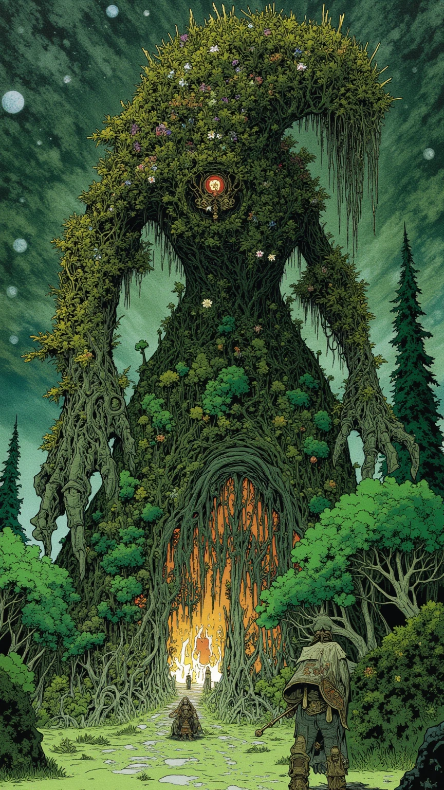  photo of a giant covering the forest ,  what looks like a giant covering the whole forest ,  Giant by Studio Ghibli Design 々 design with flowers growing , pose reaching for something ,Elden Ring Giants , The giant's body is covered with moss and ivy and the tree {x} has a mystical atmosphere integrated with nature,Aerial photo ,  experimental composition  , fantastic atmosphere of the sunset , backlit giant ,  natural material （Stone and wood ） ornaments made of the body , Amazing Painted Art , Small picture of a traveler on horseback , dark fantasy concept art , rpg concept art , High Definition Character Detailed Images  ,  rpg concept art , Elden Ring Video Game Character Art,Highly detailed line art, Low Saturation but Vivid Ink Drawing ,So unrealistic, full color illustration