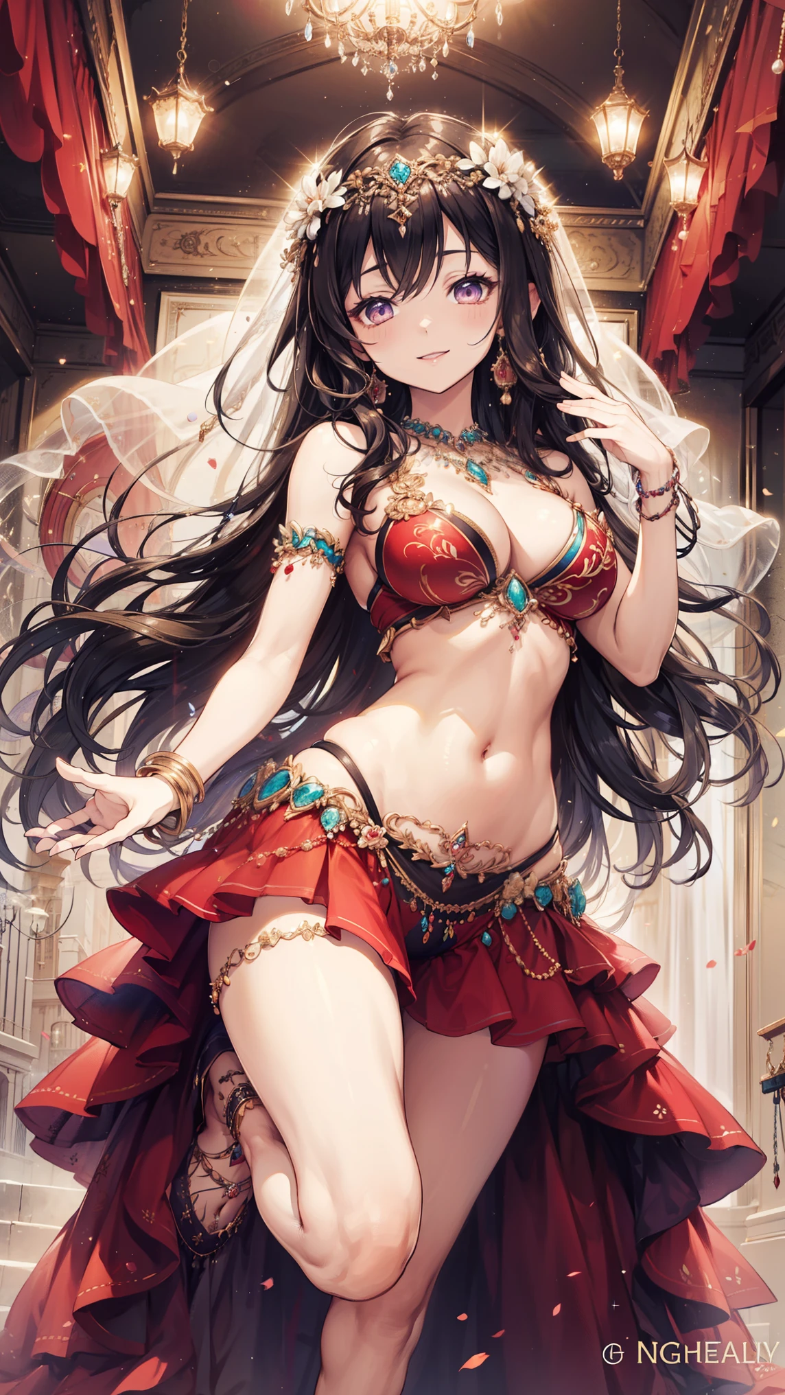 young beautiful woman , Sexy belly dancer , the foundation for a gorgeous belly dance costume , A veil that covers the lower part of the face , Gold accessories, purple eyes, half-closed eyes :1.3, glossy lips , big boobs,cosmetic, Eyeshadow, shaded face , Charming smile,Fascinating gesture , Curvy Body, Perfect Body via Ngs , high quality肌肤, beautiful legs , perfect female proportions , IDEAL BODY PROPORTION, Attractive proportions , Tight woman , Dance belly dancing ,background: Night tavern, masterpiece, high quality , very detailed description , Unbelievably High Definition , high quality anime picture , Full body image,Attractive thin long skirt