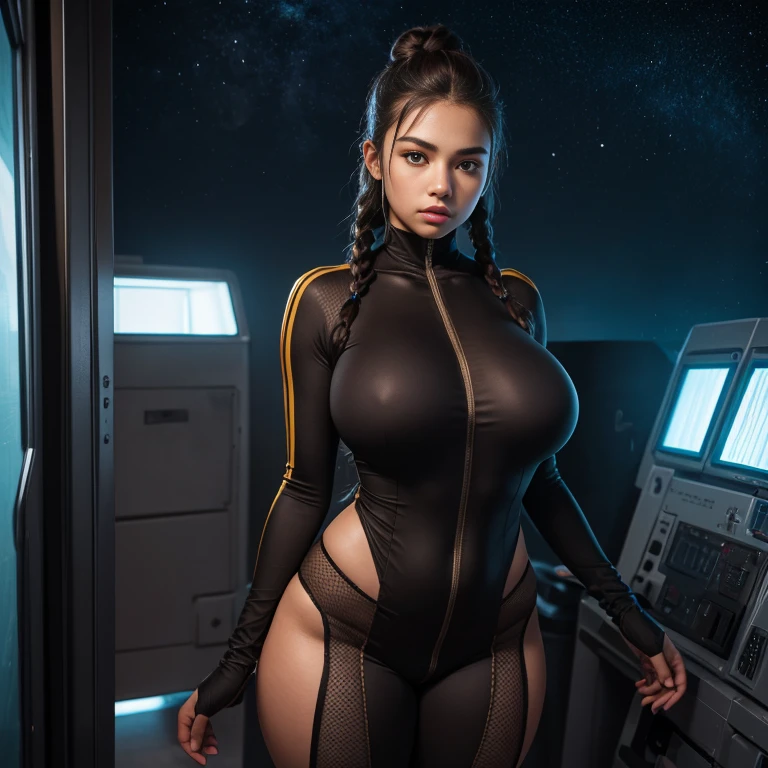18 years old English girl, ((full body)), ((nude)), ((heavily armored space commander)), beautiful chest, standing with her legs spread apart, in her huge space ship at deep space far from the galaxy, no planet and no moon around there, milky way outside of the ship, zoom in from below