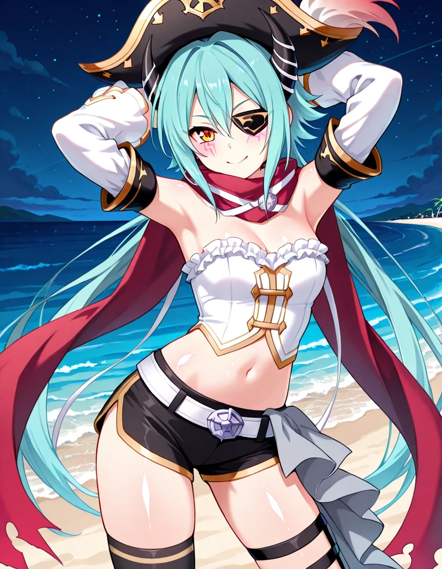 best quality, masterpiece, highres, solo, {night:1.10}, {starry sky:1.10}, beach, beautiful detailed sky, {extremely detailed background:1.20}, {aqua_konosuba:1.15}, {standing:1.10}, looking at viewer, {bikini:1.30}, long_hair, blue_hair, hair_ornament, hair_rings, blue_eyes, open_mouth, bow, green_bow, single_hair_ring, light smile