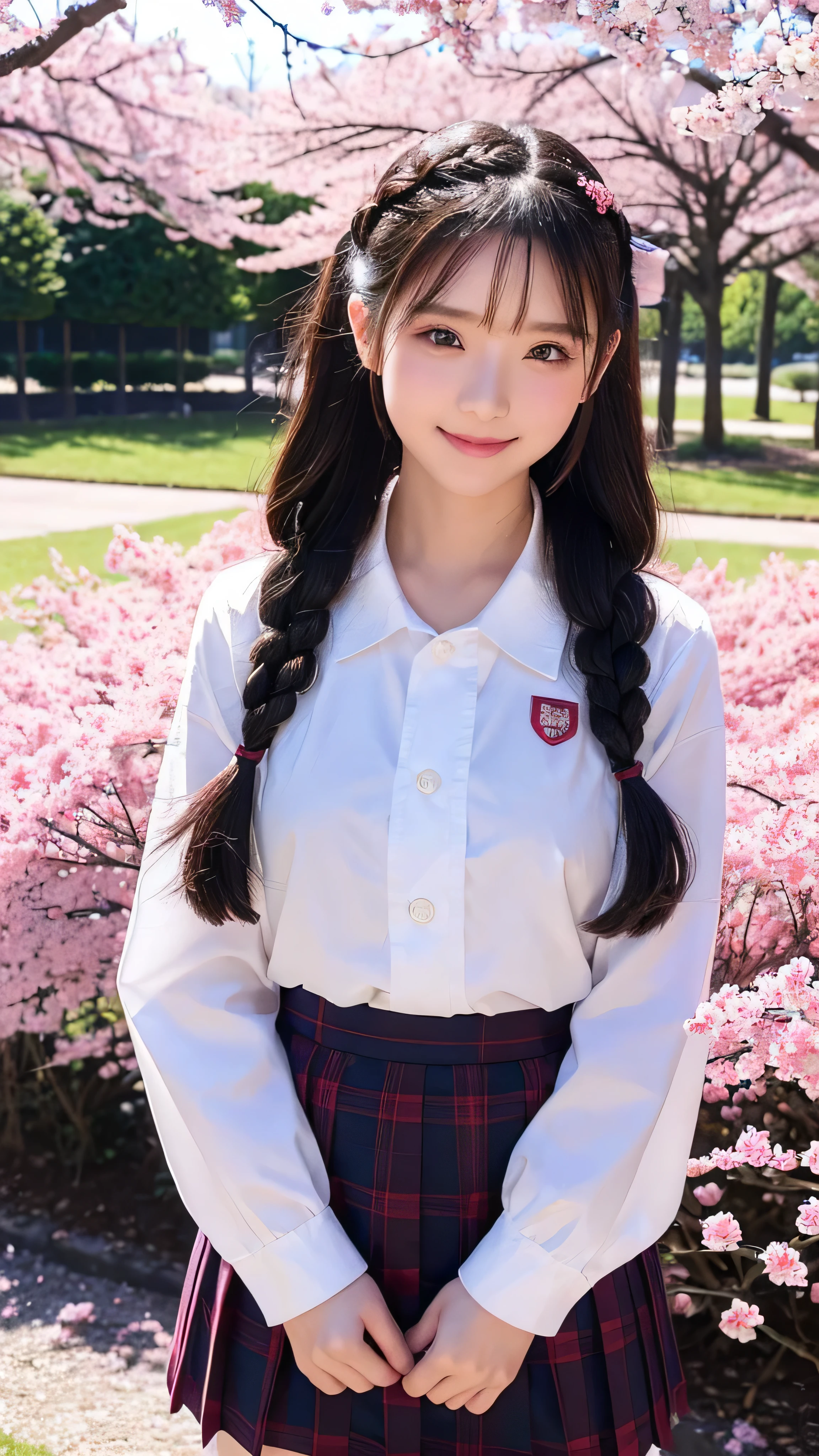  top quality,  high res,  1 girl, ( facial details ）  School dark blue uniform,  skirt, School, , smile,  closed my mouth,  is standing,  School's schoolyard Tsubasa Hanekawa ,  long hair,  black hair,  hair ornament , ( facial details ),  braided,  hair clips, Twins Braided , The background is a flower bed of cherry trees and red roses in the schoolyard,