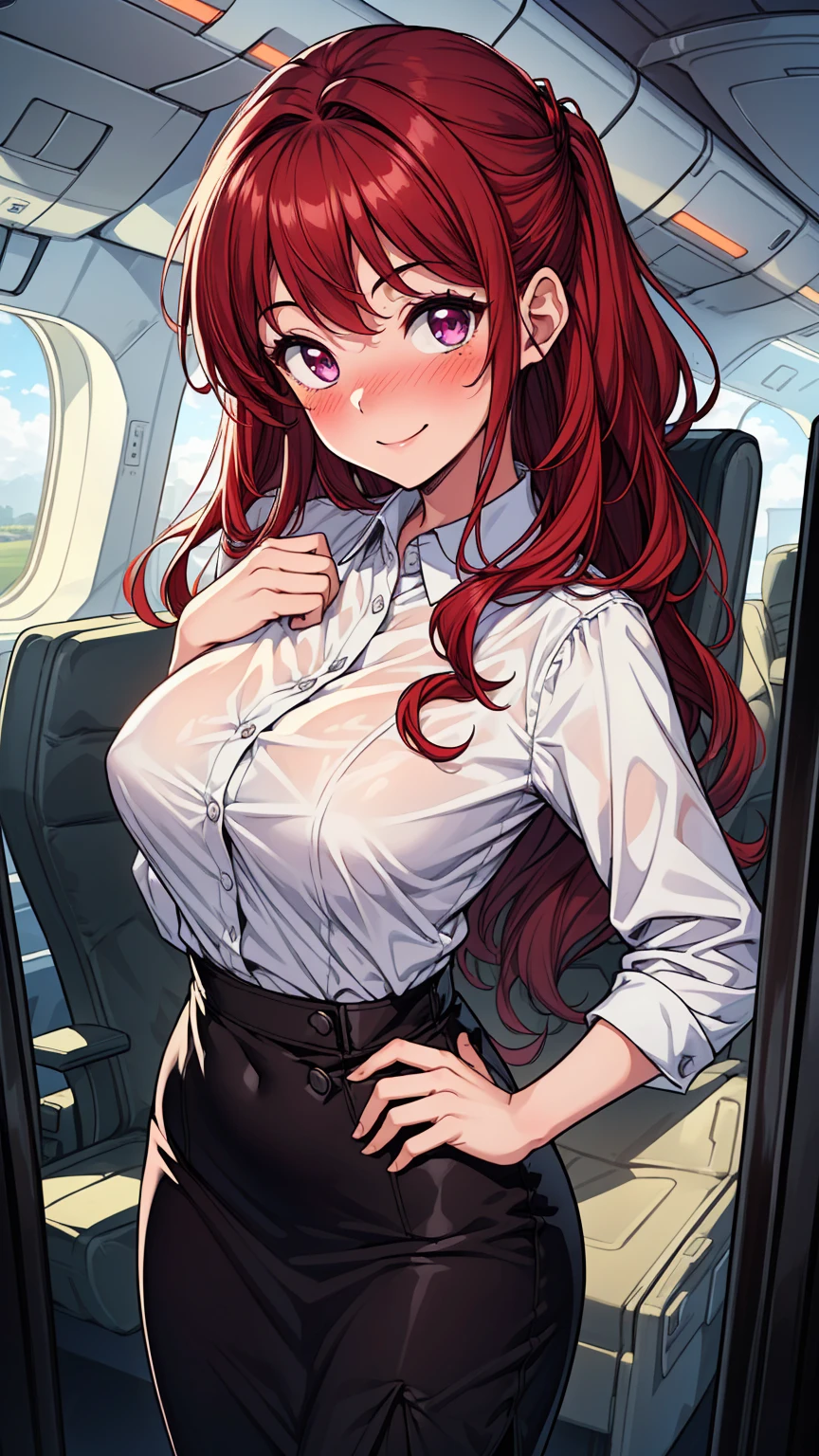 20-year-old girl,Crimson hair,side braid,Smile,Large Breasts,cleavage,Sheer red sleeveless top,Leave space in the middle to reveal cleavage,Soaked all over,Blushing,green eyes,Female spy,Red miniskirt,White gloves,White hand sleeves,White boots,Science fiction,Future,robot driver,There is a pistol on the back belt,No bangs,Wearing earrings only on one side,leather neck brace,There is a belt around the waist,Inside the robot cockpit