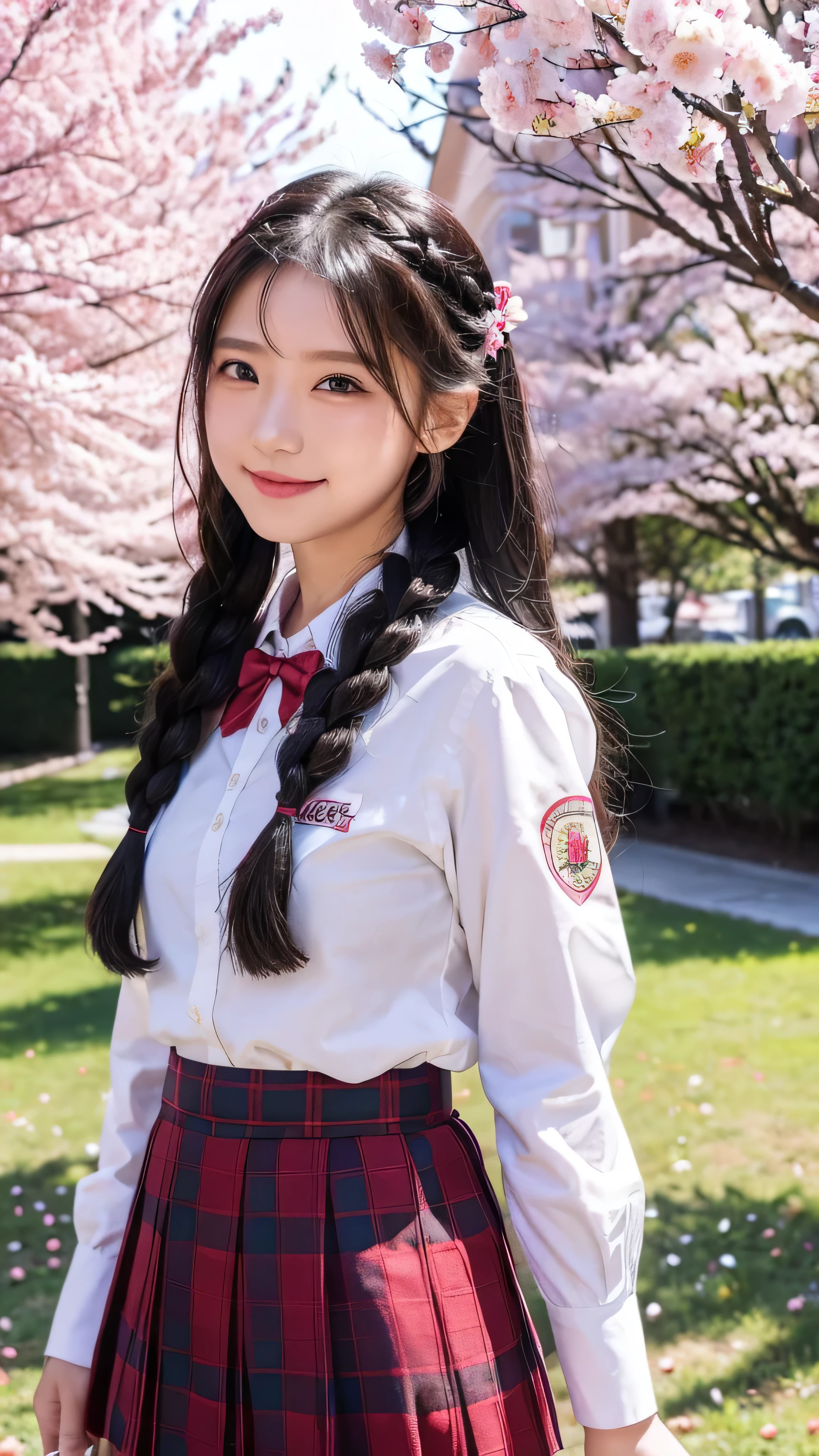  top quality,  high res,  1 girl, ( facial details ）  School dark blue uniform,  skirt, School, , smile,  closed my mouth,  is standing,  School's schoolyard Tsubasa Hanekawa ,  long hair,  black hair,  hair ornament , ( facial details ),  braided,  hair clips, Twins Braided , The background is a flower bed of cherry trees and red roses in the schoolyard,