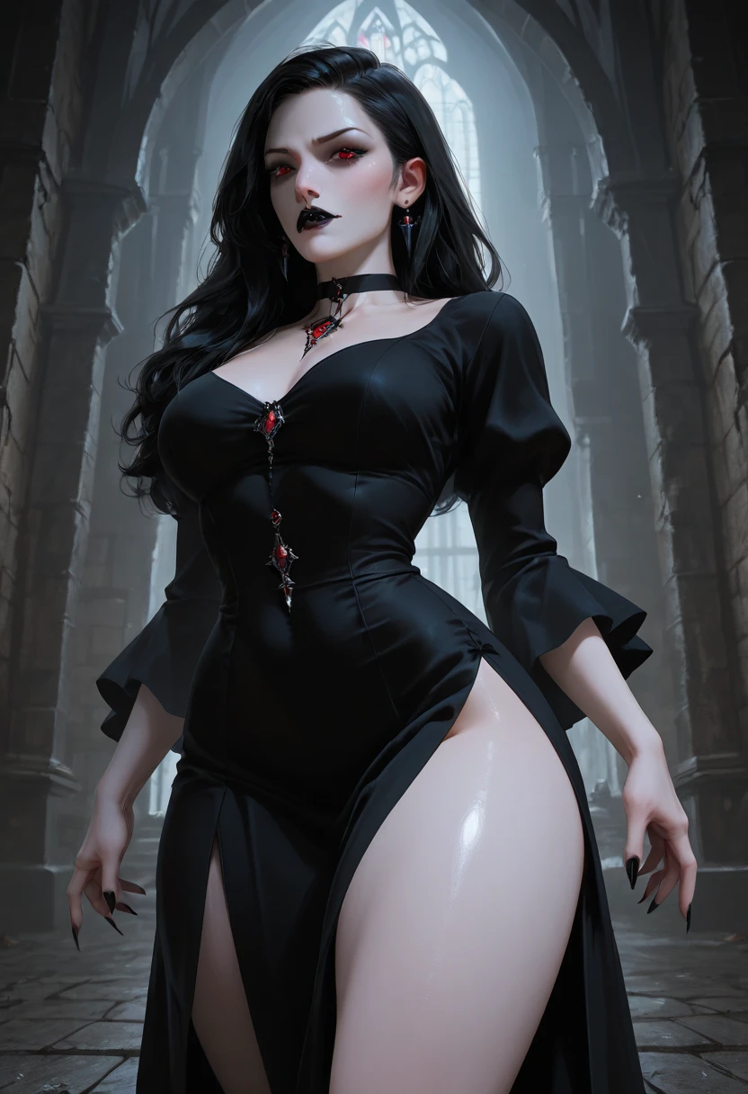 Crimson Red Corset、Dark long straight hair, brow、black Lipstick、vampire, Big breasts、huge smile、dark collar crown and jewels, gothic 、red Pearl Earrings、Pose Seductive、black fingerless gloves、Raise your arms、look up to noble palace、foot on a chest