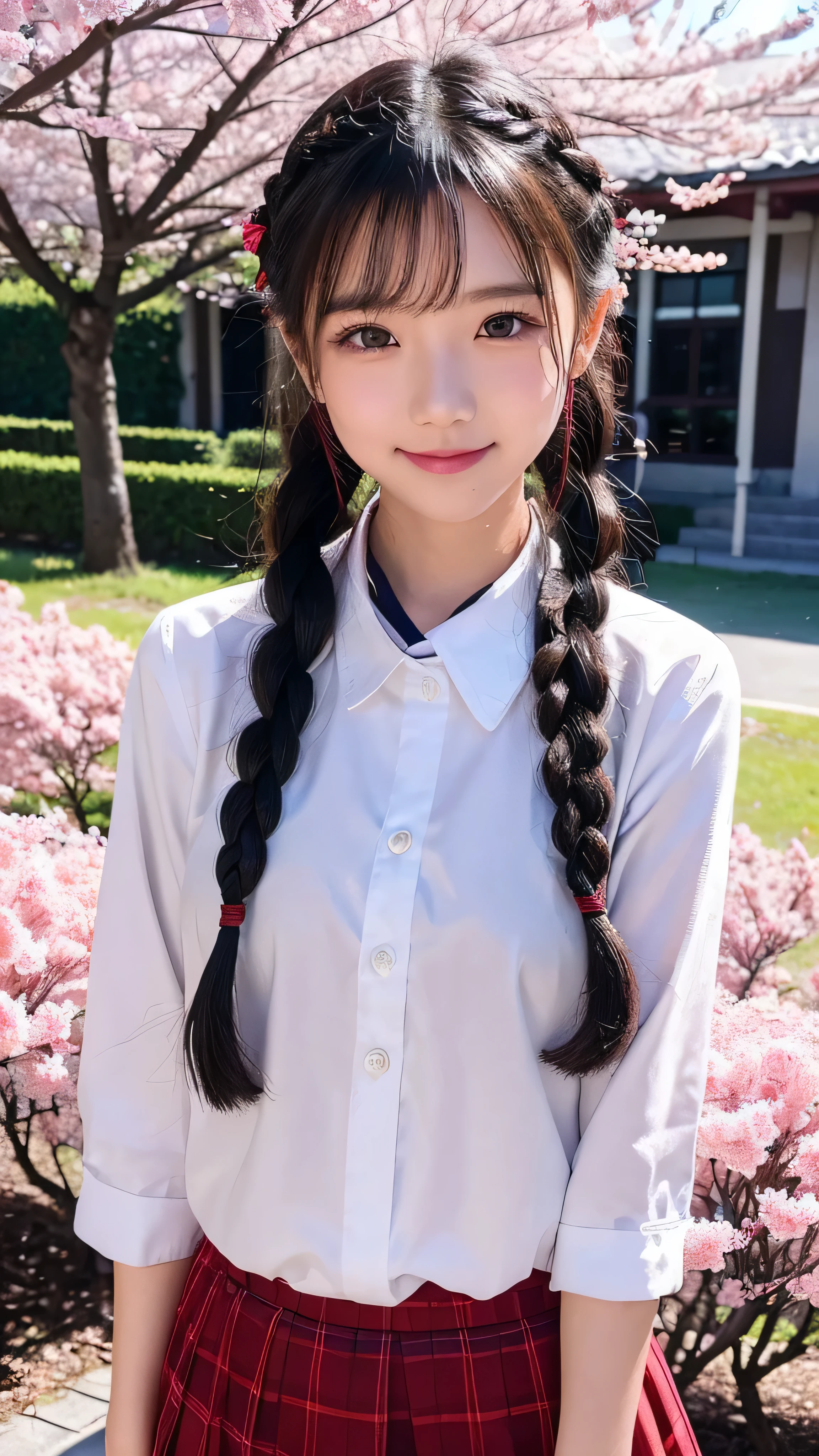 top quality, high res, 1 girl, ( facial details ) School dark blue uniform, skirt, School, , smile, closed my mouth, is standing, School's schoolyard Tsubasa Hanekawa , long hair, black hair, hair ornament , ( facial details ), braided, hair clips, Twins Braided , The background is a flower bed of cherry trees and red roses in the schoolyard,