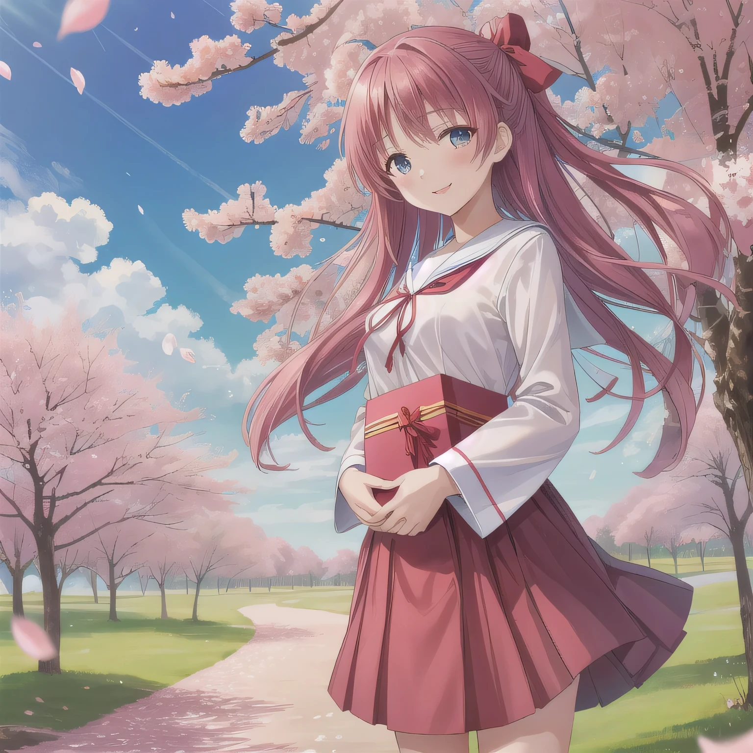 A stunningly beautiful 20-year-old woman stands in a lush green park full of cherry blossoms in full bloom under a clear blue sky. She is wearing a classic sailor uniform and holds a neatly wrapped gift box with a red ribbon in both hands in front of her chest. The box is small, wrapped in decorative paper, and tied with a bow. She looks very happy, with a radiant and joyful expression.A stunningly beautiful 20-year-old woman stands in a lush green park full of cherry blossoms in full bloom under a clear blue sky. She is wearing a classic sailor uniform and holds a neatly wrapped gift box with a red ribbon in both hands in front of her chest. The box is small, wrapped in decorative paper, and tied with a bow. She looks very happy, with a radiant and joyful expression. パンスト , グレーヘア , ショートヘア , グリーンアイズ.