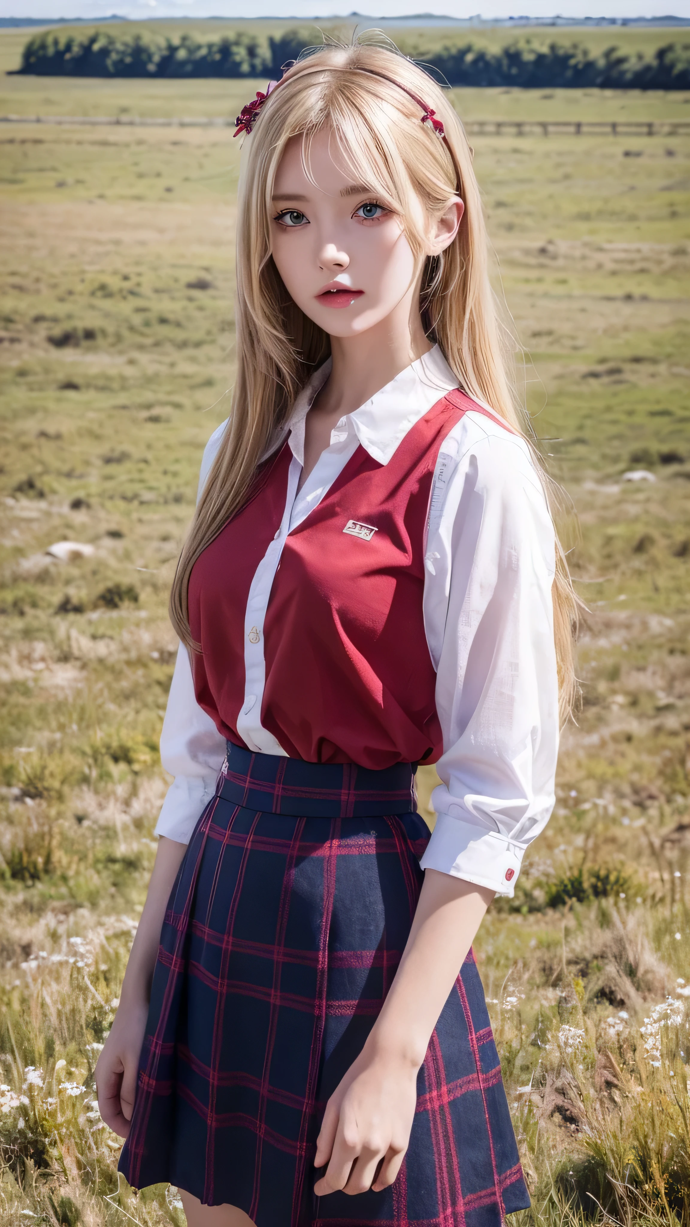   girl,  blonde,    facial details  ,  beautiful eyes,   red shirt,  alone,   hair ornament  ,   hair clips,   long hair,   dark blue checked skirt,  ,  Attention audience , lips,  In the grassland,   There's a horse next to it  ,   Full Body High Quality Image 、 Under Bright Sunlight ,  white shirt, Prairie scenery in the background 。