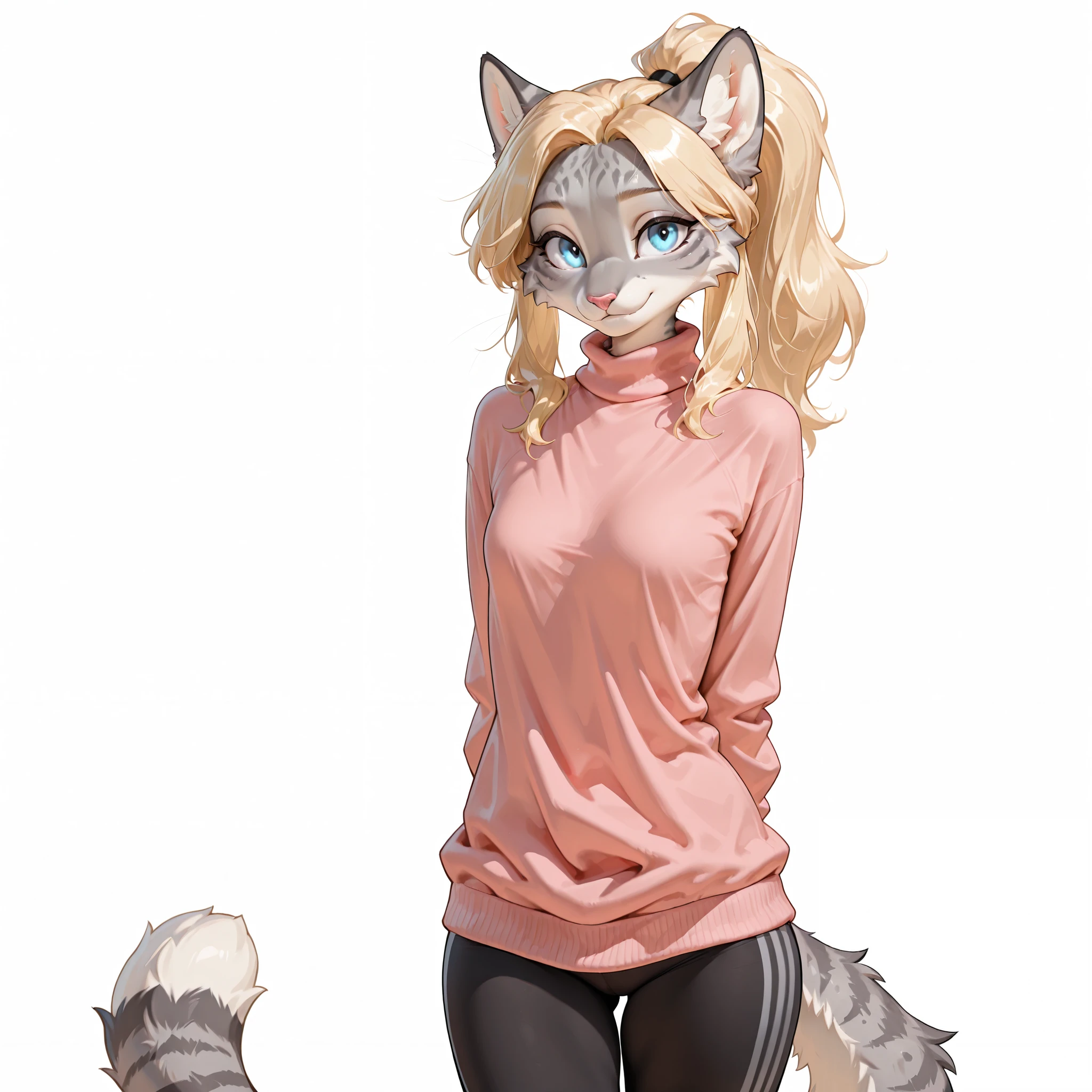 masterpiece, best quality, amazing quality, high resolution, absurdres, newest, solo, countershading, kat,adult female, Anthro furry feline, blue eyes, grey striped fur, , small breast size, cheek fluff, blonde hair, ponytail hair, wearing loose pink turtleneck sweater, pink sweater, black yoga pants, hands behind back, looking at viewer, plain white background, standing,
