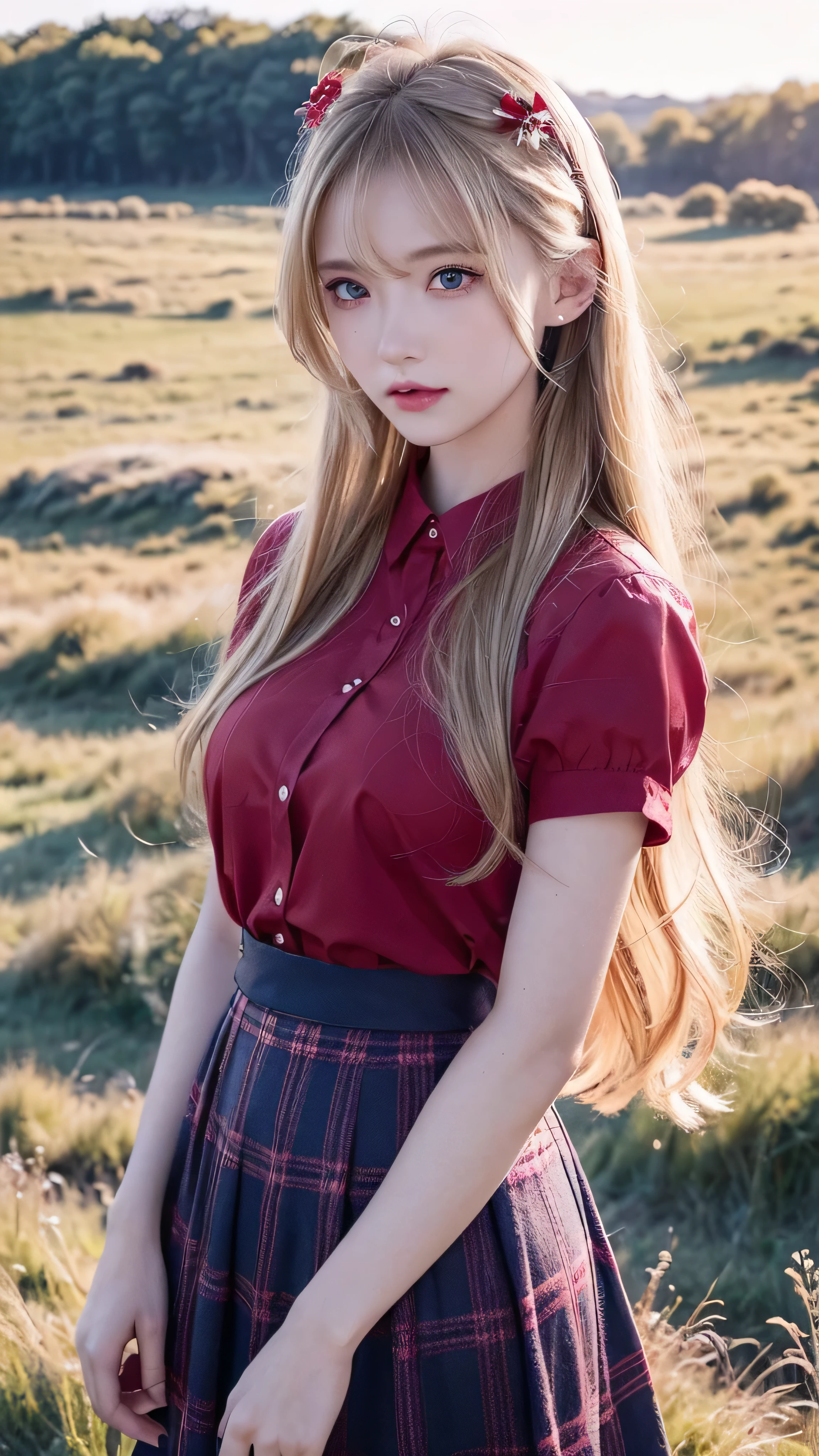 girl, blonde, facial details , beautiful eyes, red shirt, alone, hair ornament , hair clips, long hair, dark blue checked skirt, , Attention audience , lips, In the grassland, There's a horse next to it , Full Body High Quality Image 、 Under Bright Sunlight , white shirt, Prairie scenery in the background 。