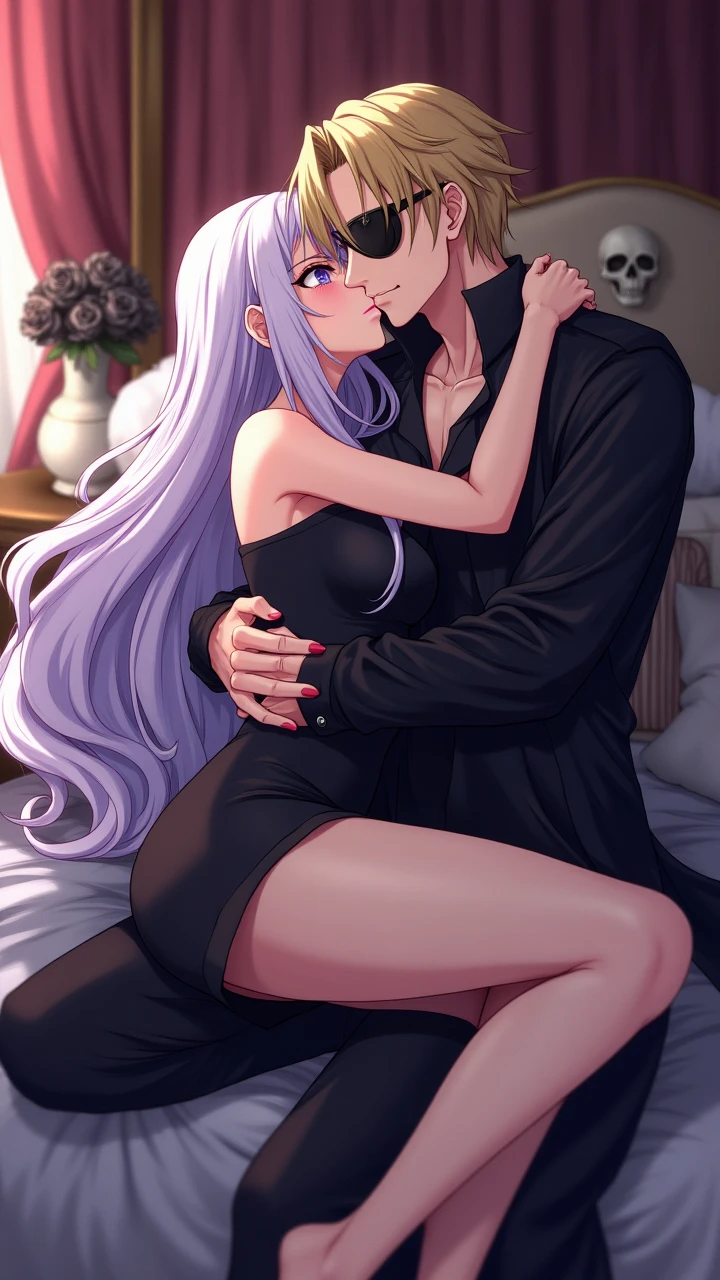 score_9, score_8_up, score_7_up, source_cartoon BREAK 1girl, medusa_\(fate\), bare shoulders, bare arms, blush, looking at viewer, netorare, cheating wife, cheating (relationship), skindentation, from side, hand on another's shoulder, 1boy, faceless male, size difference, male face out of frame, side view, profile, walking, walking side by side, dress, seductive, half-closed eyes, female wedding ring, holding handbag, ass, arched back, straps, rating_questionable