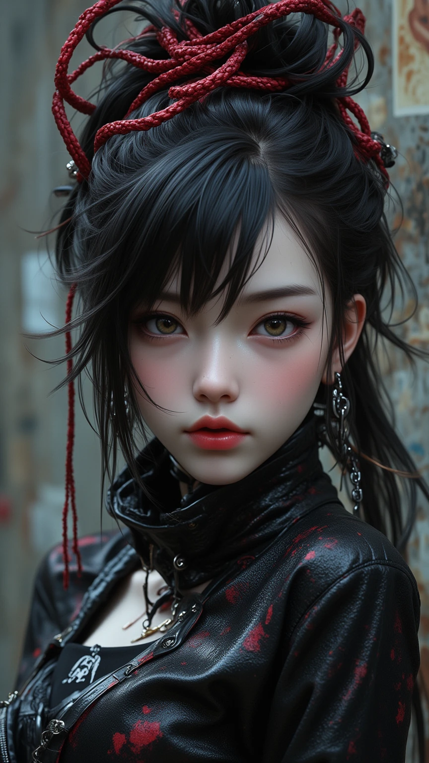 best quality,highres,extreme detail description,Professional,Studio lighting,a character with a dark,wavy hairstyle adorned with red horns,The character has a tattooed face,with intricate designs covering their cheeks,forehead,and neck,They are wearing a black outfit with red accents,and their fingers are covered in multiple rings,The background is a vibrant red,and the overall style of the image is reminiscent of fantasy or anime art,