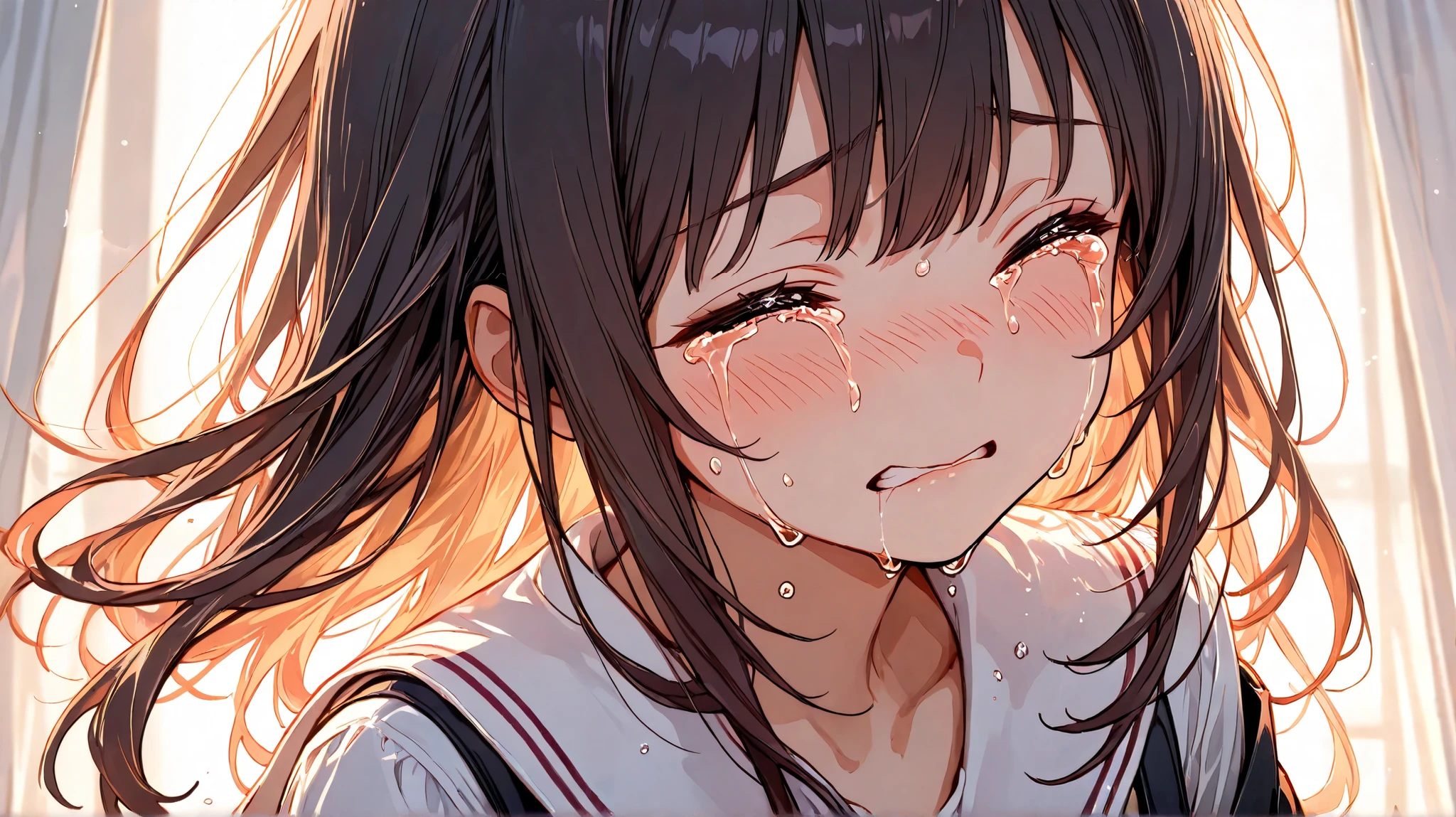 Neat, well-dressed girl crying with joy