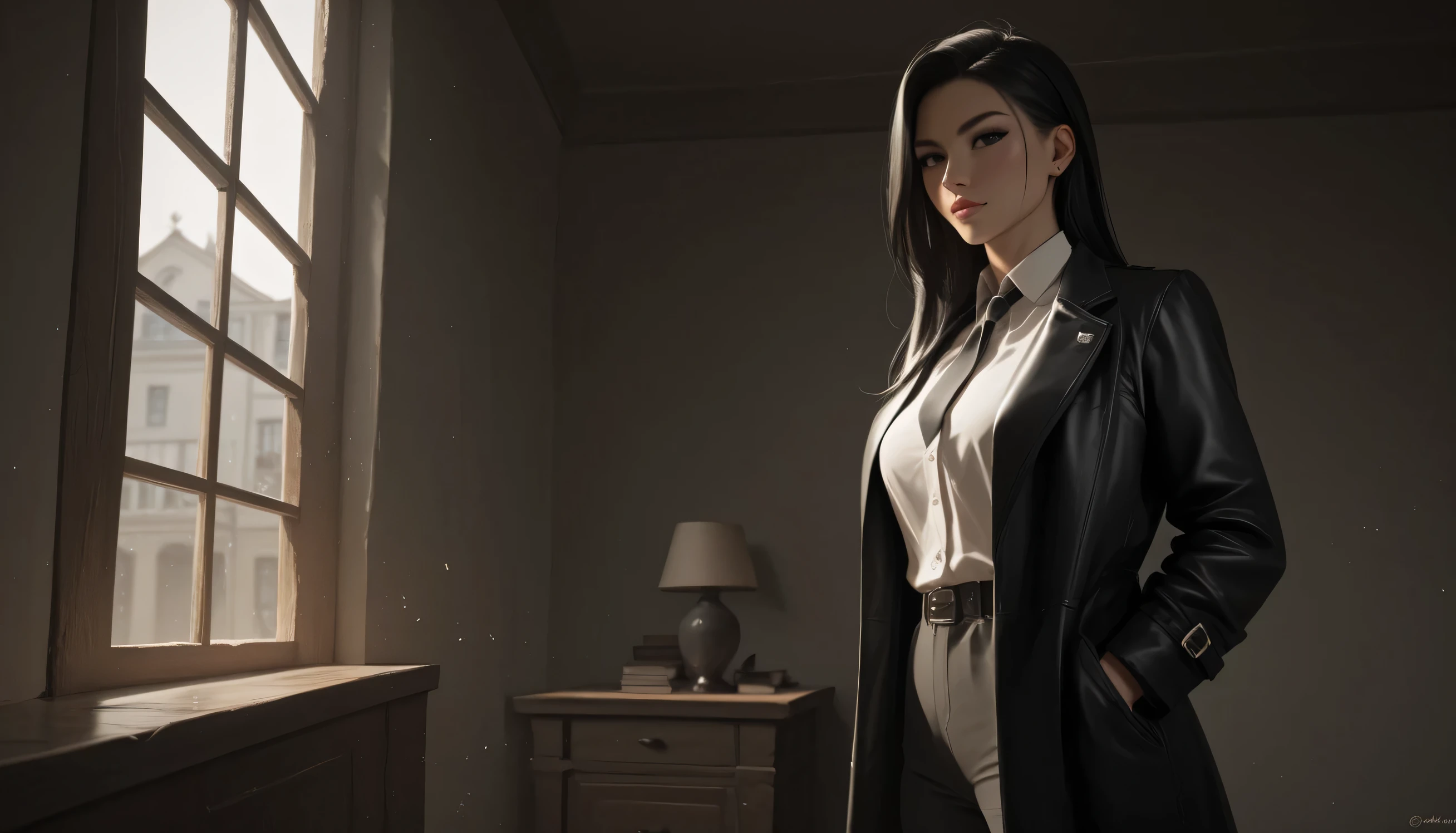 ultra realistic, photography, long black straight hair in a ponytail, elegant hair, (30 years old, hazel eyes, hourglass figure, perfect fit body, natural big breasts), femme fatale, long eyelashes, cat-eye make-up, she is dressed like a NYPD detective, under her trenchcoat her shirt is buttoned up, she has a badge on the trenchcoat, she is wearing elegant pants and high heels, she is at a homicide scene in an apartment, she is kneeling next to puddle of blood on the floor, there is a bloody arm laying on the floor in the puddle, she has a notepad in her hand and is taking notes, she is looking at the notes in her notebook, full body picture, wide angle