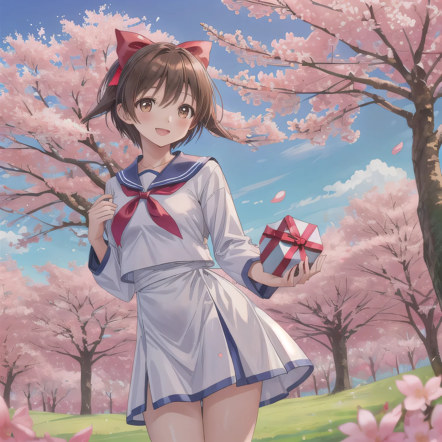 A stunningly beautiful 20-year-old woman stands in a lush green park full of cherry blossoms in full bloom under a clear blue sky. She is wearing a classic sailor uniform and holds a neatly wrapped gift box with a red ribbon in both hands in front of her chest. The box is small, wrapped in decorative paper, and tied with a bow. She looks very happy, with a radiant and joyful expression.A stunningly beautiful 20-year-old woman stands in a lush green park full of cherry blossoms in full bloom under a clear blue sky. She is wearing a classic sailor uniform and holds a neatly wrapped gift box with a red ribbon in both hands in front of her chest. The box is small, wrapped in decorative paper, and tied with a bow. She looks very happy, with a radiant and joyful expression. short hair , brown eyes , brown hair.
