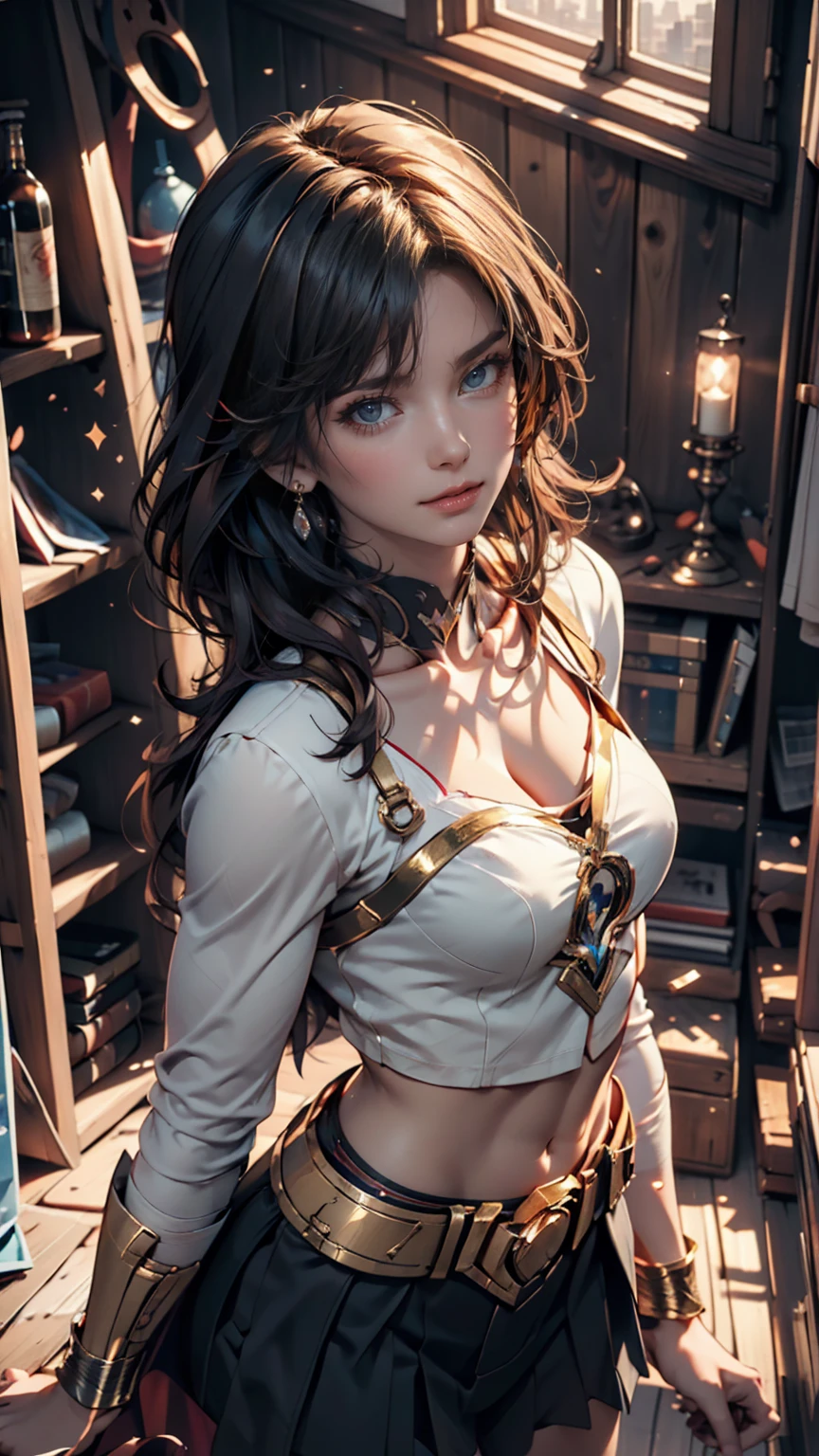Castle tower, Harry potter, Ravenclaw, Lounge, Arched Windows, Blue silk hanging on the wall, Domed ceiling with stars, A deep blue carpet with stars, table, Chair, Bookshelf on the floor、24-year-old woman、Attractive Young Woman, (Beautiful Face:1.1), Detailed eyes, Seductive lips, (eye make up:1.2), (Medium chest:1.0), (Toned body:1.2), Sexy proportions、Narrow waist、Black lace embellished micro bikini、Lace-up sandals
