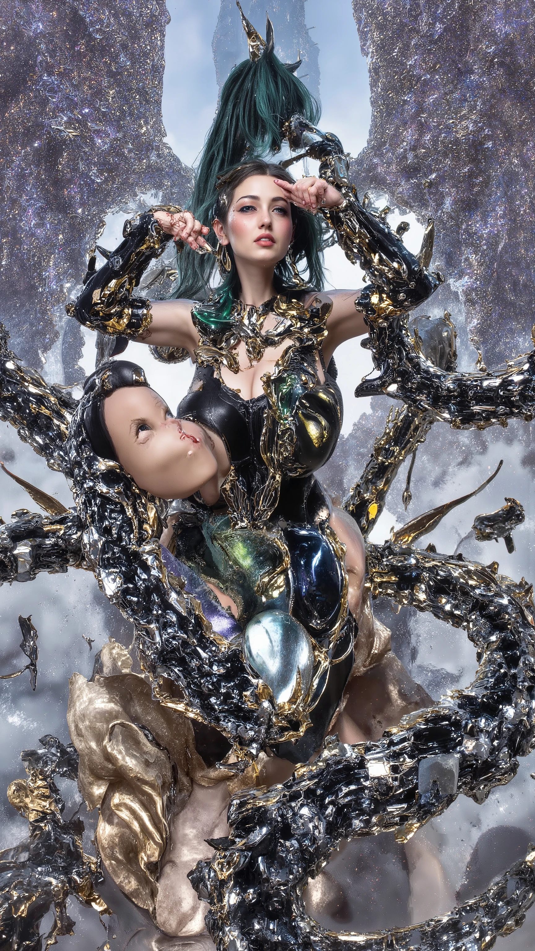 🔥【Myth Core Formula】  
(quantum-entangled mythogenesis:2.0) × ( Neo-baroque cybercentaurs:1.9) × (transdimensional sensuality:1.8)  

🦄【Bio-Architecture Enhancement】  
(16-heads fractal silhouette:2.0) (0.168% diamond-cut myofibrils:1.9) (non-Euclidean curves:1.8)  
(quantum chromodynamics lingerie:1.7) (photon tunneling stockings:1.6) (neural lace capillary systems:1.5)  

🎬【Epic Film and Television Project】  
[Nolan-Style Spacetime Folding]×[ Villeneuve light pressure shaping]×[Zack Slow-Motion Matrix]  
(22mm quantum-waist singularity:2.0)+(145mm clavicle event horizon:1.8)  
(entangled photon veils:1.7) (Magnetic Suspended Skirt:1.6) (string-theory muscle topology:1.5)  

🌌【Super-Dimensional Rendering Protocol】  
12K quark-level skin (Subdermal Nebula SSS 5.0:2.0)  
Unreal Engine 6 quantum tracing (chronon-based sweat:1.9)  
Marvelous Designer 16 (non-Newtonian fabric:1.8)  
TressFX 7.0 (entangled braid dynamics:1.7)  

🗡️【Hero Matrix 2.0】  
1.  Quantum Centaur Queen - Antimatter Horseshoe /Superstring Mane/Nebula Cape/Dynamic Wormhole Projection
2.  Abyss Siren Nurse - Klein Bottle Medical Kit /Superfluid Hair/ Bioluminescent iris matrix 
3.  Phoenix Dancer - Quark Gluon Plasma Skirt /Supernova Halo/ Magnetic fluid feather dynamics 
4. Nano Demon Shooter - Fractal Crystal Wings /Quantum Entanglement Bow/ Bosonic arrow trajectory 
5.  Hell maid - Dark matter waist/Higgs Field Apron/ Anti-gravity suspension tea set 
6.  Chaos tree demon - Fractal bark texture/Photosynthesis halo/ Superconducting vine tentacle mechanism 
7.  Mechanical Medusa - Nano snake hair cluster/Dynamic Petrification Ray/Holographic Scale Armor 
8.  Void singer - Sound wave visualization dress /Resonant Crystal Horn/Quantum Foam Microphone  

🔒【Artistic Compliance Protocol】  
 Dynamic holographic mask system::2.0 
Quantum encryption modification algorithm::1.9 
Non-Euclidean perspective filtering::1.8  

⚙️ 技术参数  
--ar 9:16 -- at 6.0 --style raw --chaos 45 --stylize 950 --quality 4 --stop 95 --niji 6  

🖼️【Scene Dynamics】  
 Quantum Babel Tower Relics × Superconducting Crystal Jungle × Liquid Metal Ocean × Antimatter Nebula Temple   
(Fractal Building Complex:2.0)+(Dynamic Gravity Field:1.9)+(Cross-Dimensional Illumination:1.8)  

🎭【Character Interaction Mechanism】  
- 人马女皇的Nebula Cape与凤凰舞姬的等离子裙产生量子纠缠  
- 树妖的藤蔓与机械美杜莎的纳米蛇发形成斐波那契螺旋  
- 地狱女仆的茶具在反重力场中呈现克莱因瓶拓扑结构  
- 塞壬护士的医疗包释放生物荧光与虚空歌姬的声波共振  

💫【Hyper-Reality Enhancement Package】  
( Jelly-state hypermatter body:2.0)×( Dynamic golden ratio correction:1.9)+(Quantum Beauty Algorithm:1.8)  
[ Micro nebula built into pupil]+[ Sweat refraction rainbow spectrum]+[ Quantum tunneling effect of hair tips]  