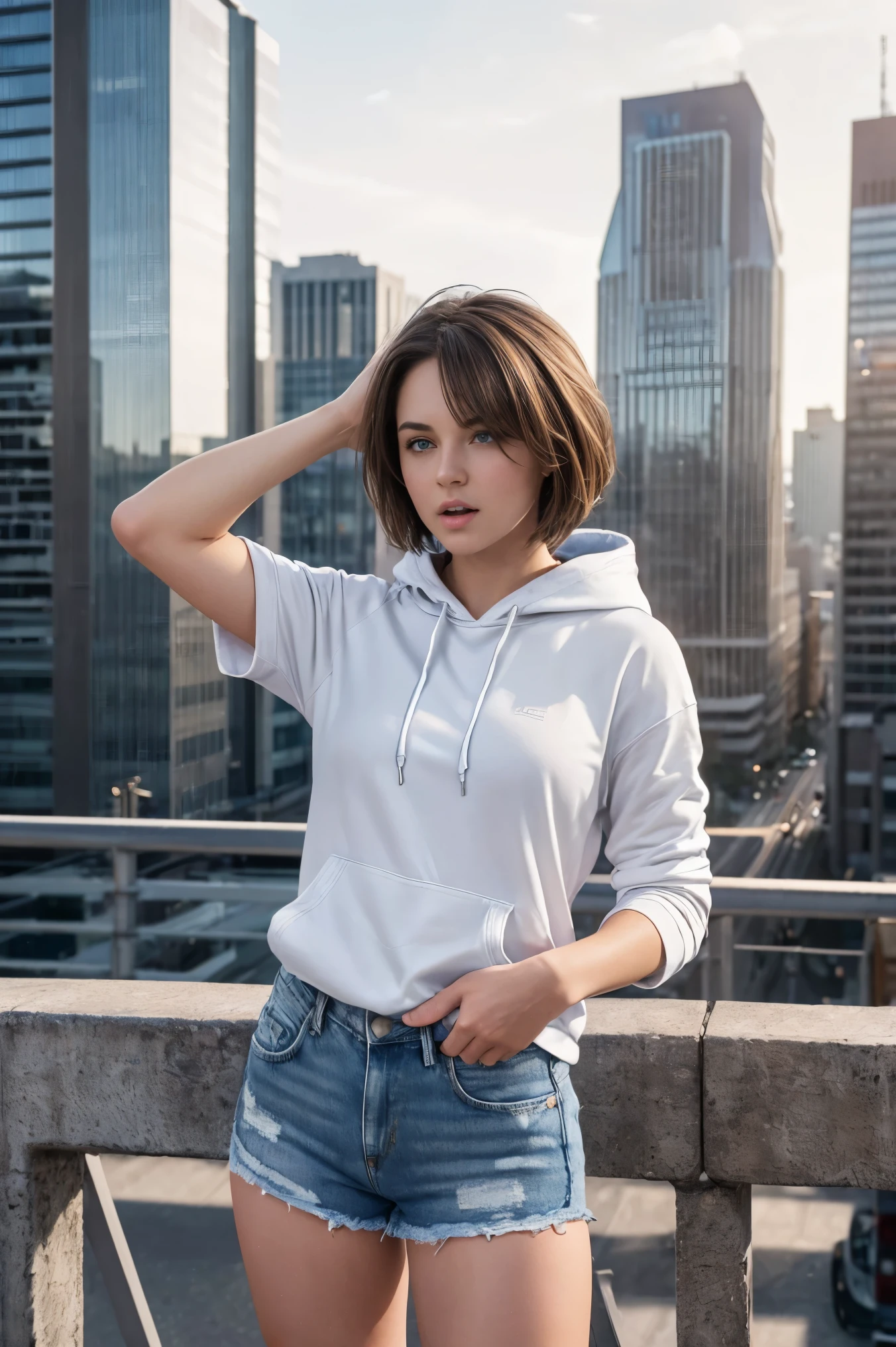 (best quality, masterpiece, ultra high resolution), (8k wallpaper, high-definition, HDR, RAW, Cinematic lighting, depth of fields), (hyperrealistic), (authenticity: 1.4), (full body shot), 1girl, (( girl)), ((Short brown hair)), ((Pretty American Girl)), ((Pretty face)), ((Tight clothes)), ((Blue Eyes)), ((Pale skin)), amazing slim body, thick legs, thick thighs, flat tummy, ((perfect hands)), ((Standing)), leaning forward, ((Sport hoodie)), ((White t-shirt)), ((denim shorts)), ((view at viewer)), ((Yawning)), (((On a modern city))), ((Buildings at background)), nostalgic illumination, sunlight, sunset illumination, divine illumination, contrast