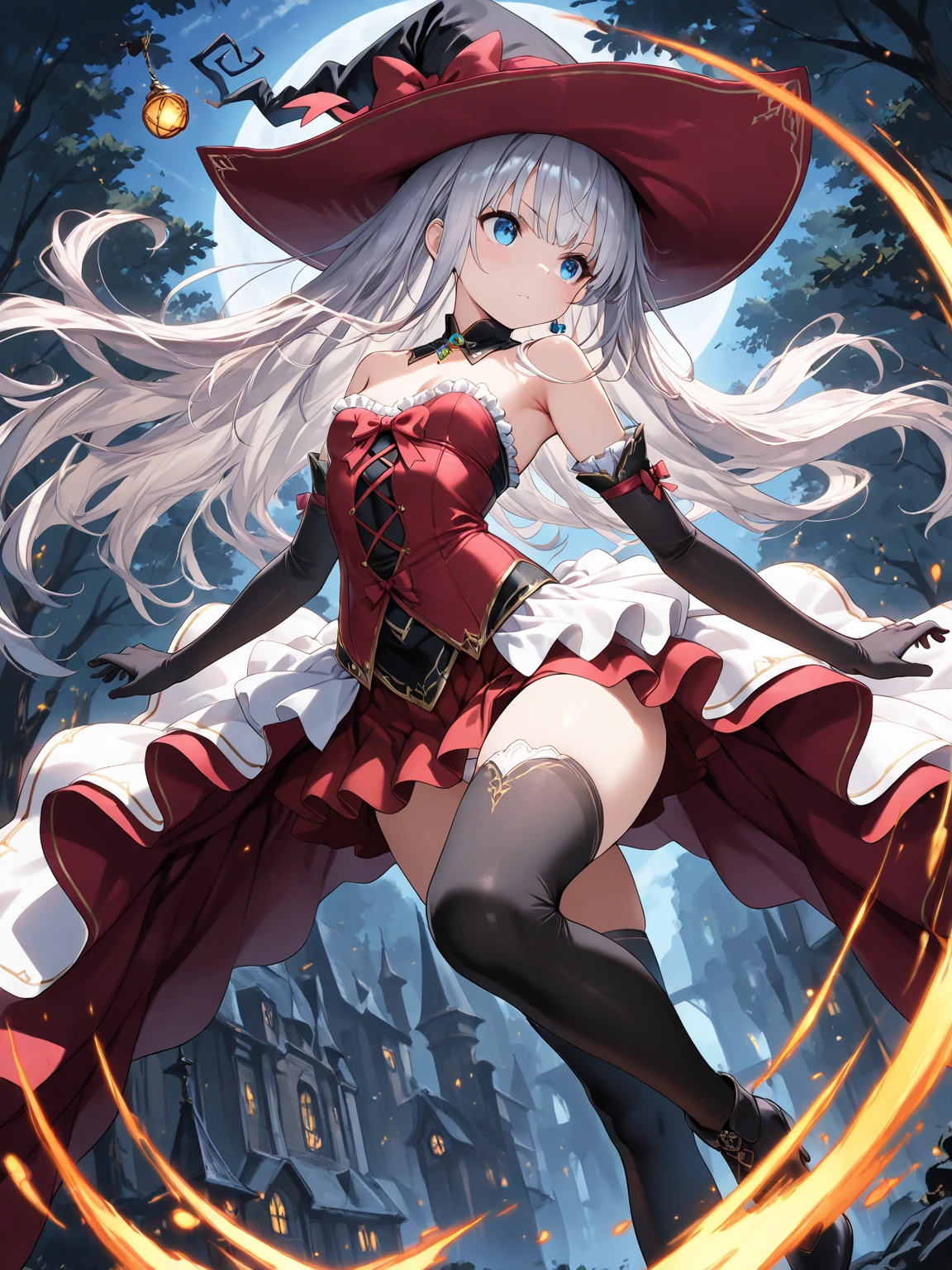 masterpiece,1girl,solo,elaina,(darkblue_style_costume:1.6),majo_costume,witch_hat,brooch,red_scarf,pastel_color,snowing, black_thighhighs,boots,house  <lora:elaina_v3-000006:0.8>