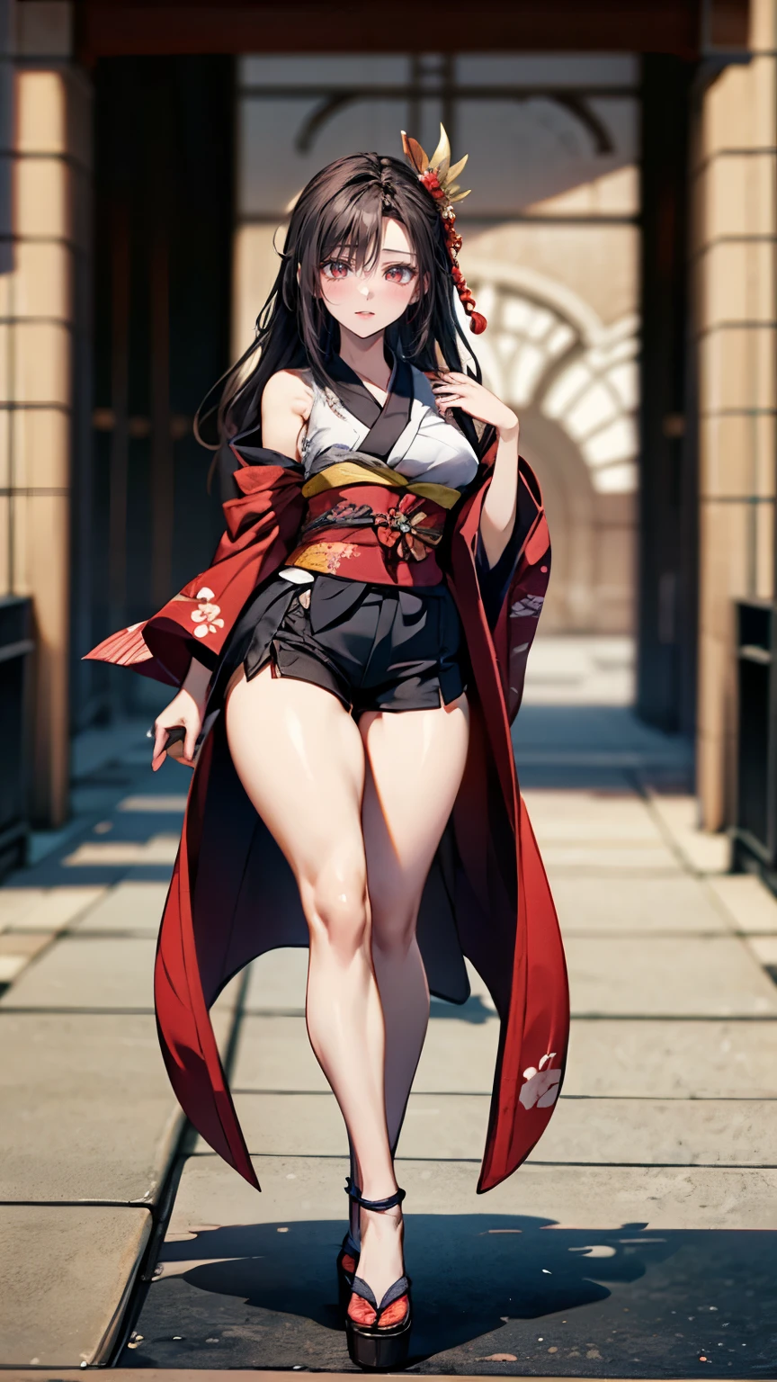 1girl, black_hair, blue_sky, blunt_bangs, cloud, Clean_sky, beautiful sjy, horizon, long_hair, ocean, walking on clean water, outdoors, ripples, sky, solo, standing, water reflection, masterpiece, best quality, 1girl, Real, 4k, HD, Semi realism, full body, Realistic, beautiful semi realistic girl, sexy, beautiful girl, pretty, gorgeous, sexy, Ambient light, Ambient Occlusion, color harmony, gradient, high details, intricate details, Spotlight, Focus light in a particular spot, abstract, serene, long kimono, sexy kimono, red kimono with golden lining, beautiful japanese accessories, black heels, sexy heels