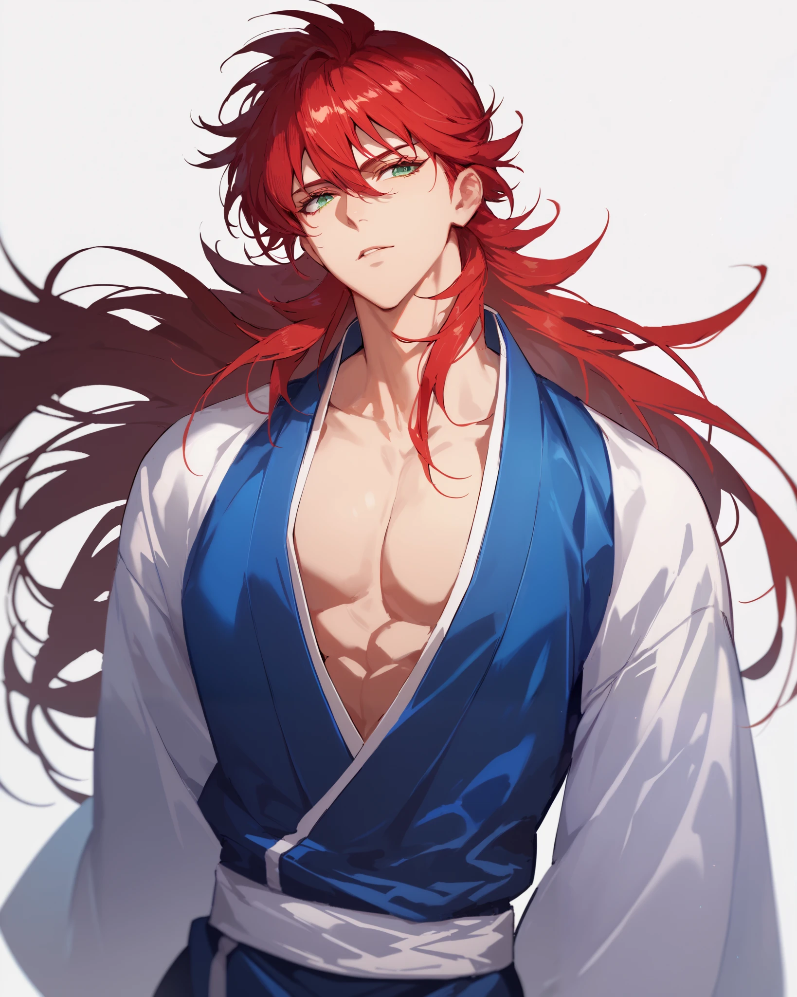1boy, Solo, High Resolution, Simple background, Hair Between Eyes, Bangs, Red Hair, Long Hair, curvy body, male, beautiful green eyes, long eyelashes, krm_yyh, sexy clothes 