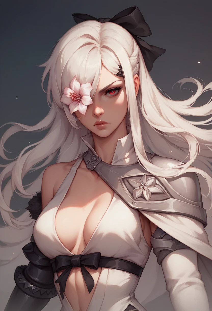 woman with white really long messy beautiful hair, serious eyes, dull eyes, dead inside, orange and purple eyes, beautiful, majestic, evil, poofy lips, cold, with huge sword, wearing samurai armor