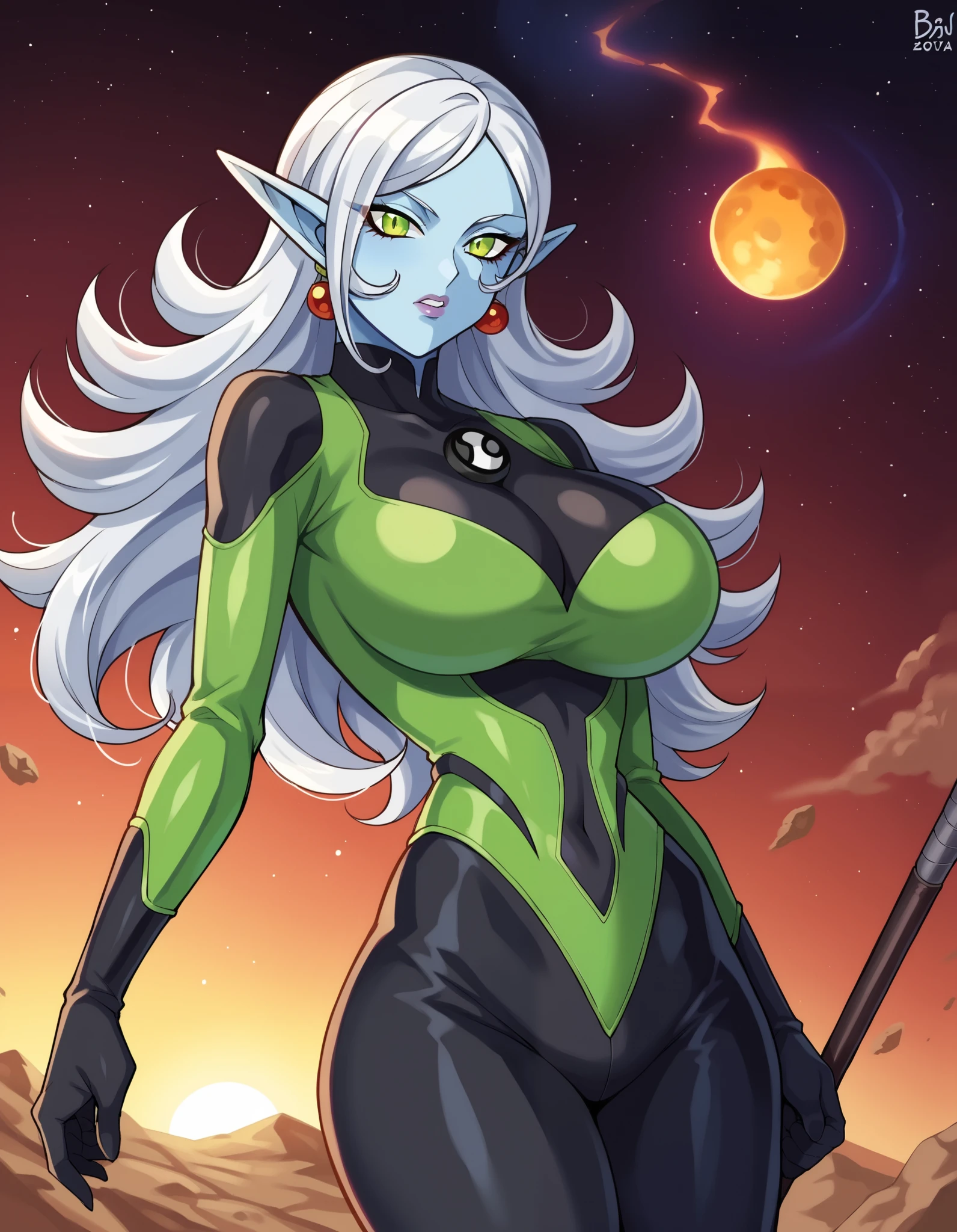 score_9, score_8_up, score_7_up, source_anime,
dragonballtowa, demon goddess towa,
outdoors, space, 1 girl, white hair,
looking at viewer, dutch angle, cowboy shot,green eyes, fullbody, bodysuit, green suit, black pants, long hair, ben10, big breast, huge breast, blue skin