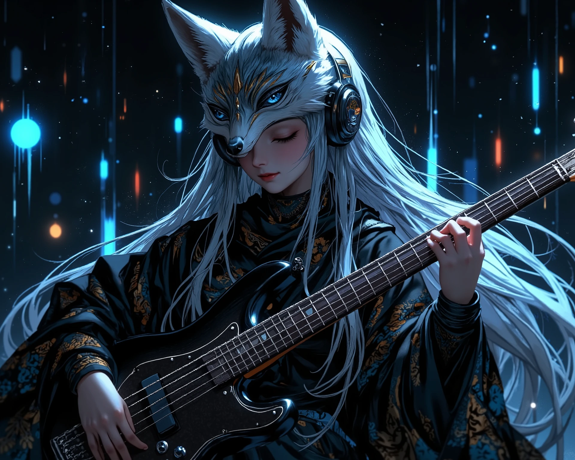 1girl, Looking at viewer, Very Long Hair, Closed Eyes, Headphones, Smile, Dutch Angle, Fox Mask, Cinematic Lighting, Japanese Illustration Style, Playing bass,