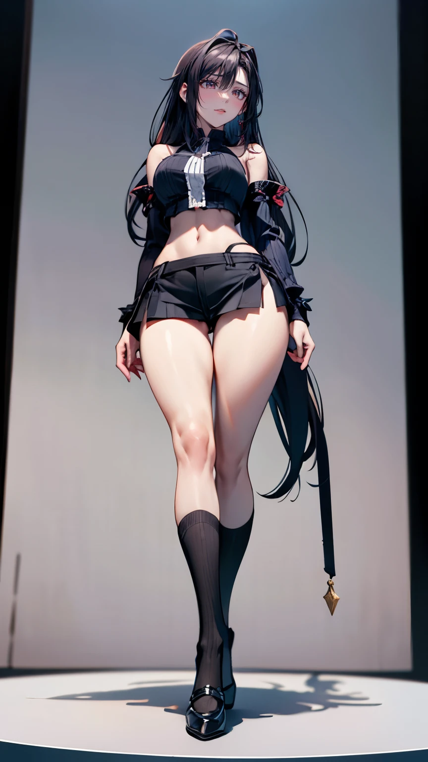 masterpiece, best quality, ultra detailed, 1girl, dark skin, twin tails, thighhighs, micro short shorts, micro bikini, full body, jacket over,