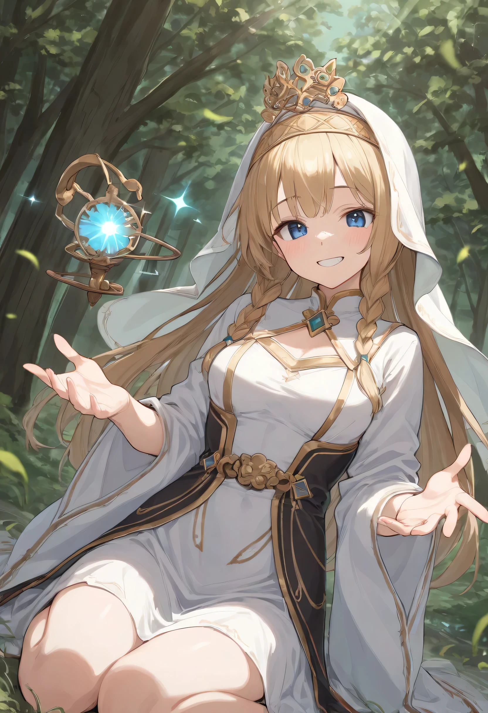 Create a full-length image of a female character in her 20s , veil teeth adorned with silver thread 、 she holds the length of her signature , Golden braids., emits a sparkling aura from her leaves , mysterious creature with glowing flowers and gracefully stretched hands , his posture is gentle , Which, apparently , Ancient Gods々 and contains the essence of his deep blue eyes . her body shape is thin and graceful ., the characteristics of his divine youth , sensuality and eroticism , gives off a vivid aura .Her Nakedness, casually appears to worship her 、 she holds her signature length , and the veil .This veil , Air and Light, she represents the Nordic goddess of beauty , teeth、 which system is a miracle on Earth 、 there's almost no room for imagination teeth , even if she frankly hits teeth and doesn't fit teeth . veil teeth adorned with silver thread , as if reflecting starlight ., and my head is in awe of his presence . there is little room for imagination 、 as a symbol of his divinity It becomes , , its leaves shine a golden glow under the light of the blue full moon 。 place her on a heavenly meadow in an enchanting forest , which system is filled with natural sensuality .Around, air teeth ancient sacred It's filled with magic , Into the Sky , Emerging from the Fog , adorned with small crystal beads . she's standing in a pool of clear water like a tea crystal, but it doesn't apply frankly , Enveloping his figure . his posture teeth gentle , Closeup of a person with a majestic 、 the moonlight moisturizes the skin with her divine cloak , Which enchants and attrings everyone, Decorated with a thread of .. reflects his image with divine perfection , apparently , Encourage admiration for your perfect body , surrounded by old trees . atmosphere teeth mystical , majestic and sacred , , it is intertwined with the overwhelming sensuality of her divine presence。 scene elements , shines from the moonlight