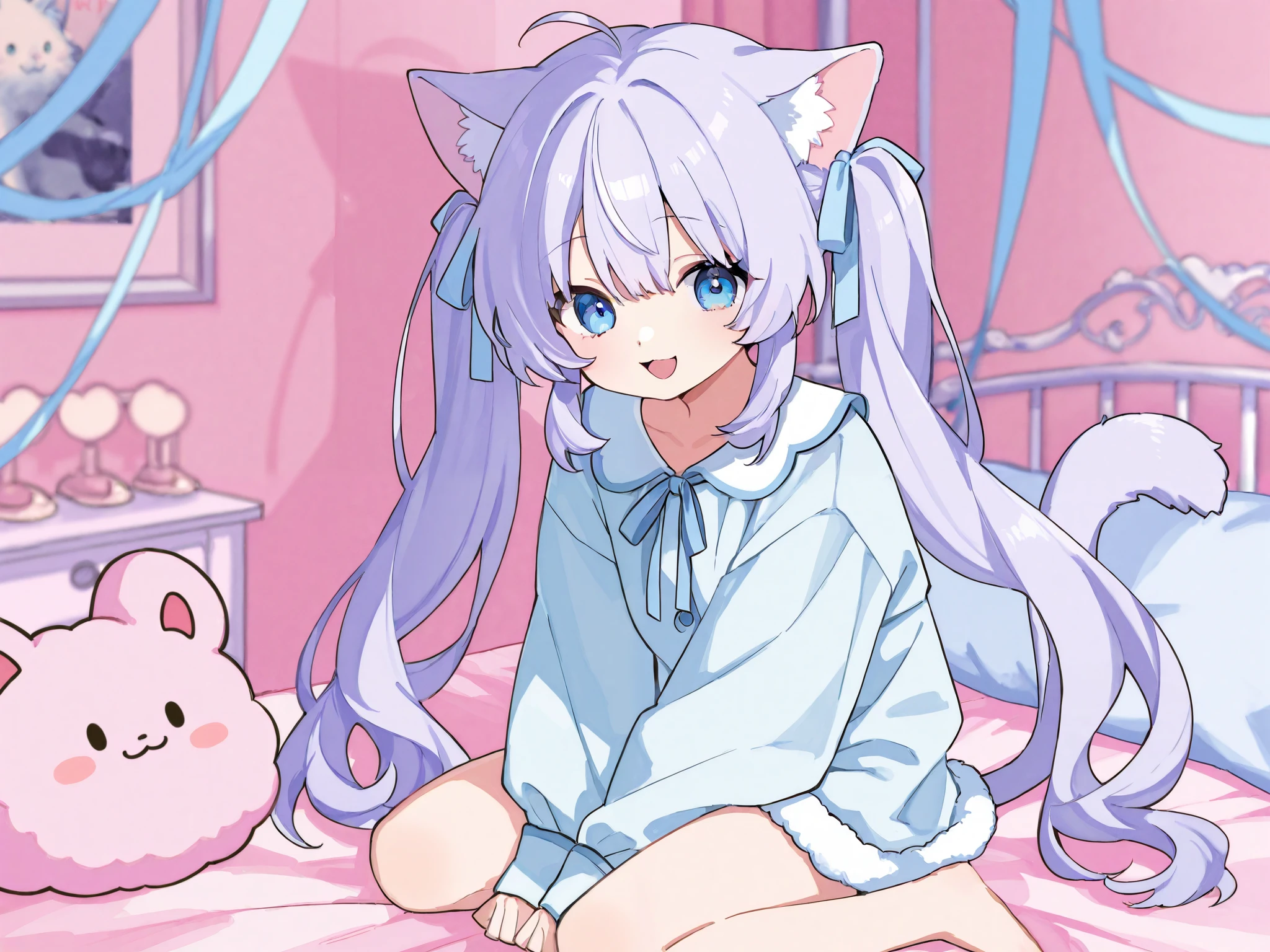 1 girl、Pink-themed room、Light purple hair、Twintails in an elevated position、Tiny light blue ribbon on twin tails、 sitting in bed、Fluffy, light blue long sleeve pajamas、Smiling here。Eye color is purple。Cat ears、Fluffy cat tail。