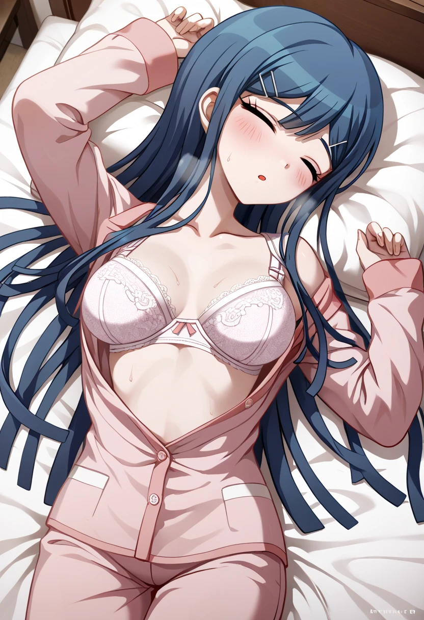 (8k、Best image quality、highest quality、masterpiece)、Detailed face、 1 girl、Black Hair、Long Hair、twintails、Diagonal bangs、Grey Eyes、Earrings、blush、((Watery eye))、、Open Mouth、Large Breasts、((heart Nipple cover))、((string panties))、Cowboy Shot、On the bed、Lying on your back、Shoot from above、Bedroom Background
