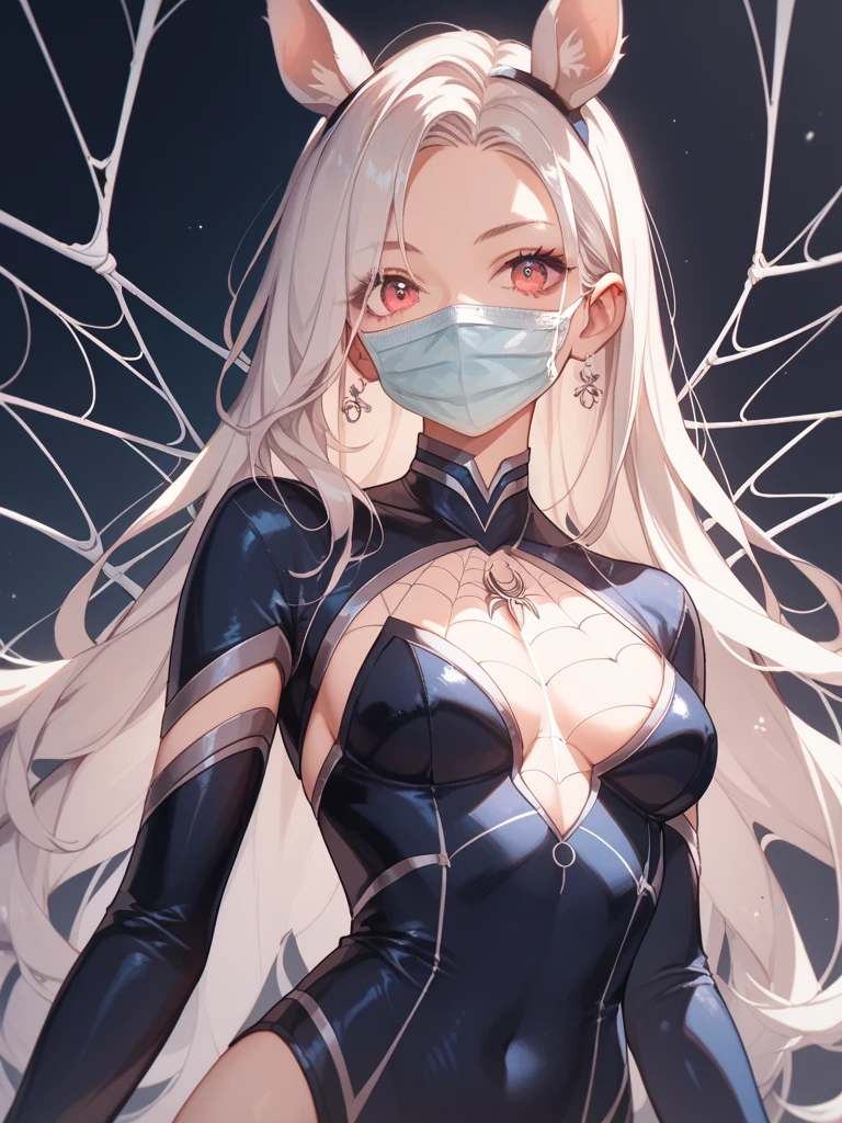 ing from the ceiling, dim lighting, dark atmosphere, oil painting style, vibrant colors, intense emotion. (best quality, highres, ultra-detailed, realistic:1.2), spiderweb, trapped, delicate facial features, fear in her eyes. half body visible,(gagged:1.4),