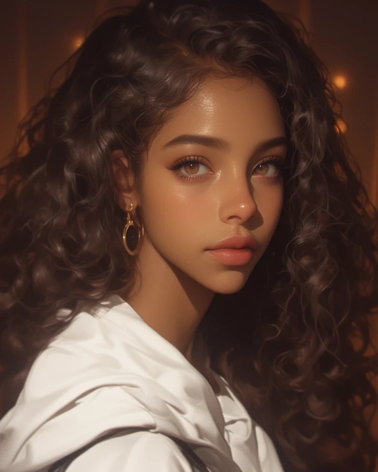 Dark skin, curly brown hair, round face and flat nose