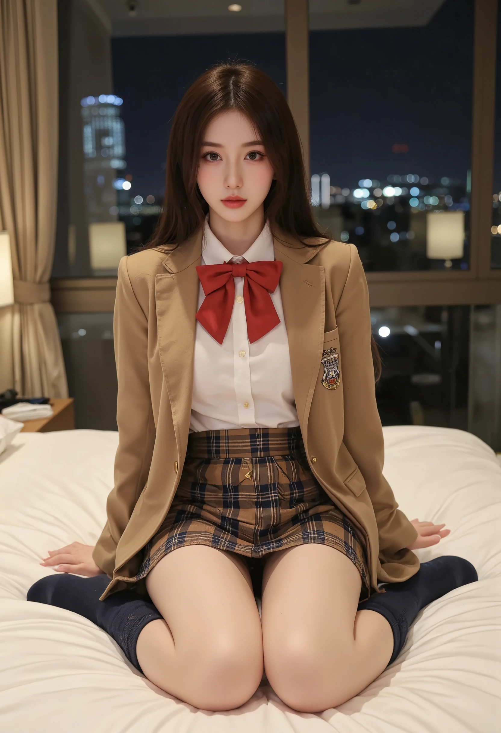 Minami Kotori、Minami Kotori、Brown Hair、(Brown eyes:1.5)、One Side Up、髪ribbon、ribbon、gentleman、Take off your blazer、Blue Skirt、Jacket、Otonokizaka uniform、Pleated skirt、、Winter clothes、break中に視聴者を探している、室内break、classroom、break(masterpiece:1.2)、highest quality、High resolution、Uniform 8k wallpaper、(Raising consciousness:0.8)、(Beautiful and detailed:1.6)、Highly detailed face、Perfect lighting、Highly detailed CG、 (Perfect hands、Perfect Anatomy)、View your viewers、blush、Laughter、(White panties:1.3)、(Authentic panties:1.5)、School、Sit with your knees bent、eight-headed body、Beautiful legs、On campus、As if looking up from below、(On my knees, to your chest)、