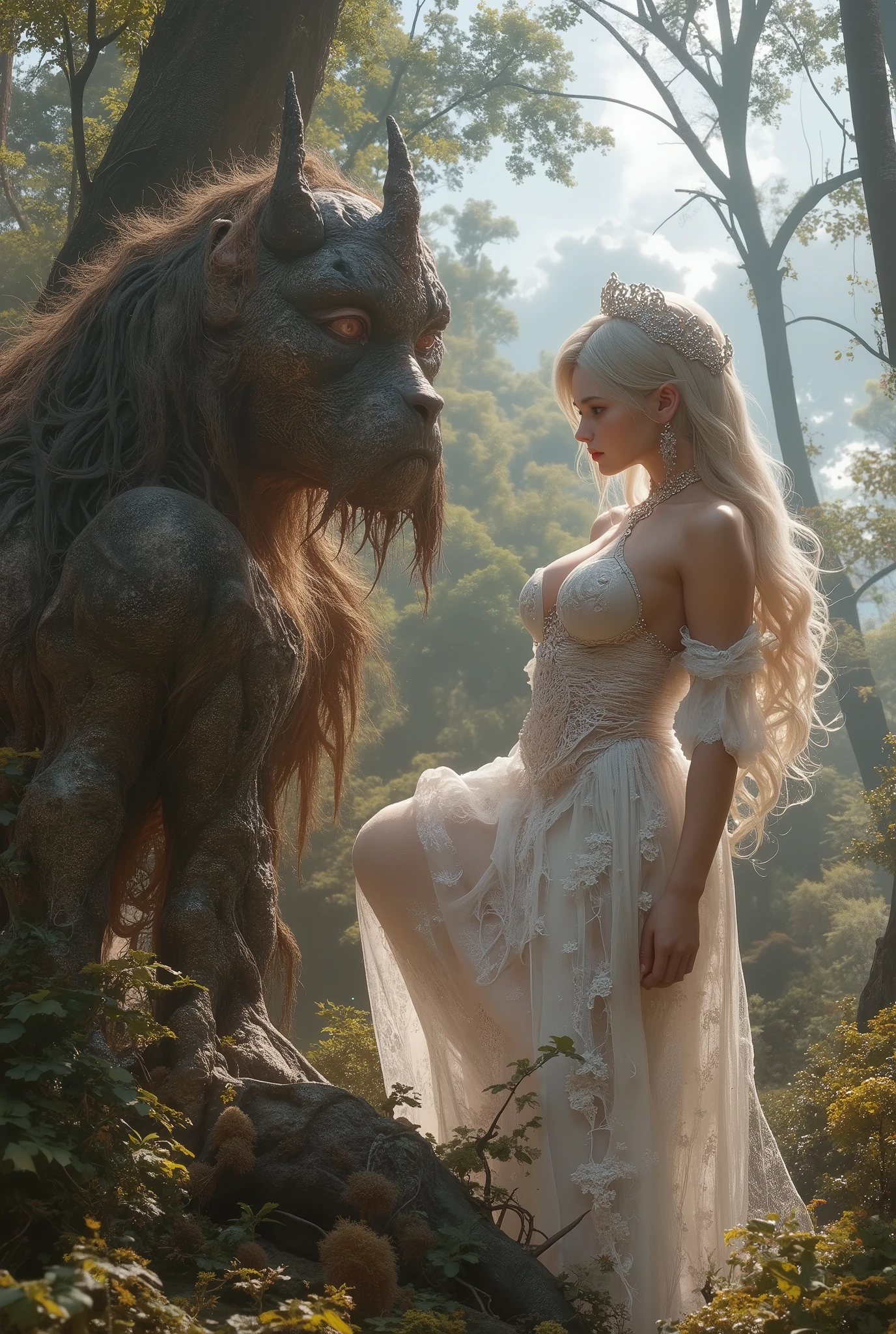 (8k, top quality , masterpiece , Final Fantasy Style : 1.2), Proximity Method, 8k, very well detailed, accurate, top quality, masterpiece,, solo cute busty elf who is talking to a Mysterious Forest Giant