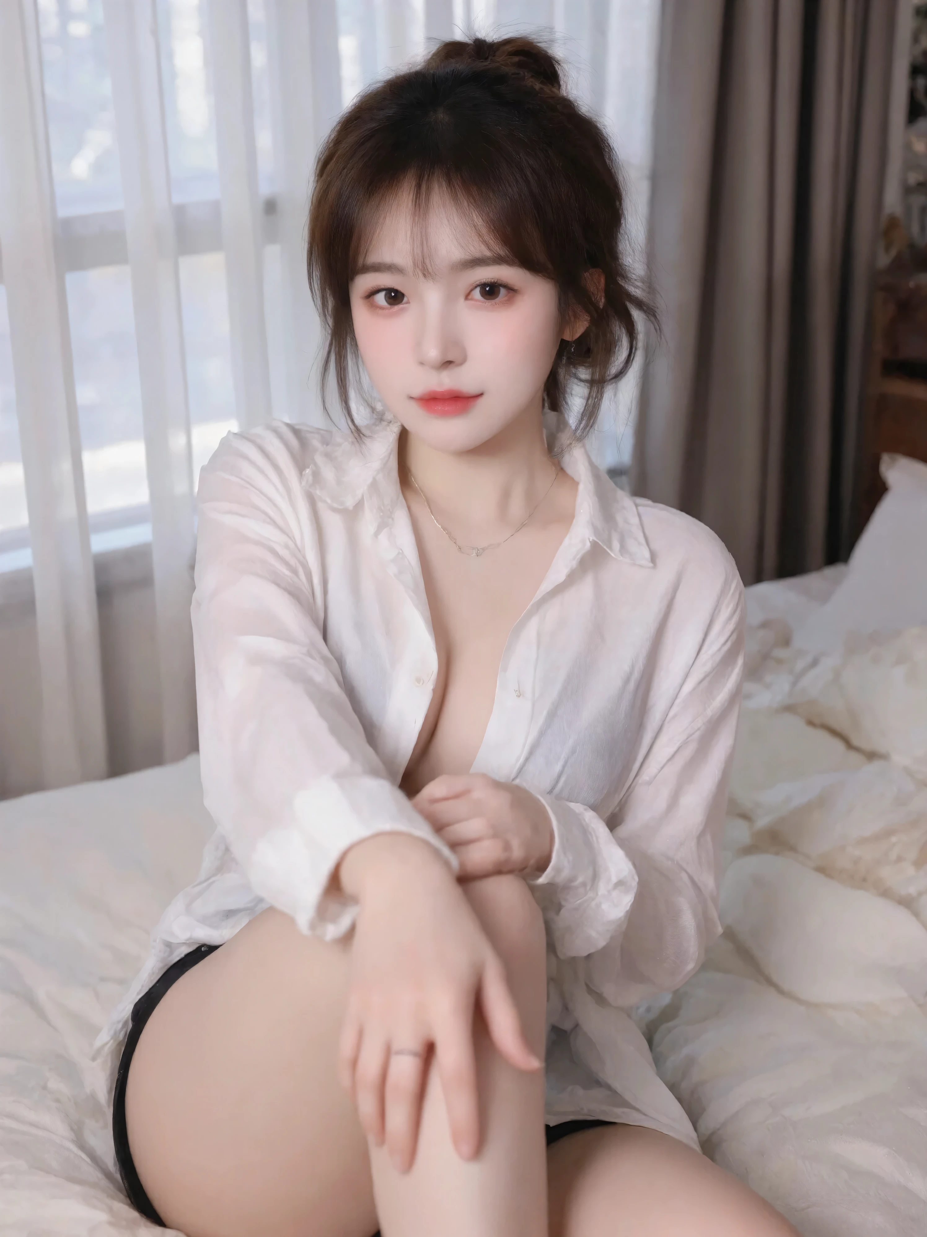  super detailed: 1.5,  high resolution,  sharp focus: 1.5,  highest quality, Realism, Dim lighting : 1.2, Depth of Field, Bokeh,  Beautiful Detailed Face ,  fair skin: 1.2, Natural neck length,  Beautiful Hands ,  perfect figure,  Anatomy Correct,  Detailed Fabric Texture,  Detailed Hair Textures ,  Lazy curls， Air Bangs， flax-colored hair，Oval face,   round, big, dark eyes,  Clear Big Eyes , Hydrating red lips,bedroom，curtain，Lying in bed ， Oversized White Shirt ， loose fit ，casual style ， Slightly Wrinkled Fabric ， long sleeve，Unbuttoned Neckline ，Flowy fabric ， Easy and casual look，Black yoga shorts，Upright chest， Soft Light and Shadow ,  natural breeze brushing hair ,  delicate skin texture ,  bokeh to highlight characters,shy，，Sexy，Silver necklace，ring finger ring, detailed necklace and ring details, full body photo， clothes close to her body，Place one hand on the thigh ，Elegant posture， and cover the intimate area with your hand