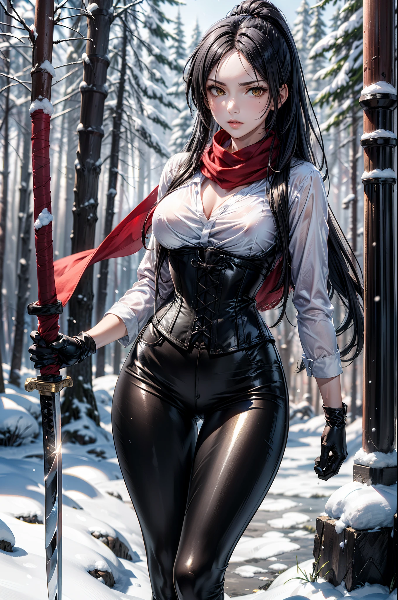 1 woman, woman fighting two zombies, High school girl swordsman, holds a greatsword in his right hand, long black hair, beautiful eyes, detailed eyes, Red eyes, choker:1.6, captivating look, wearing a white long-sleeved button-down shirt, big breasts, shiny black tight leggings, Snowy forest, snow night, Dark, Moonlight, absurd, high resolution, ultra-sharp, 8k, Masterpiece, front view, looking at the viewer
