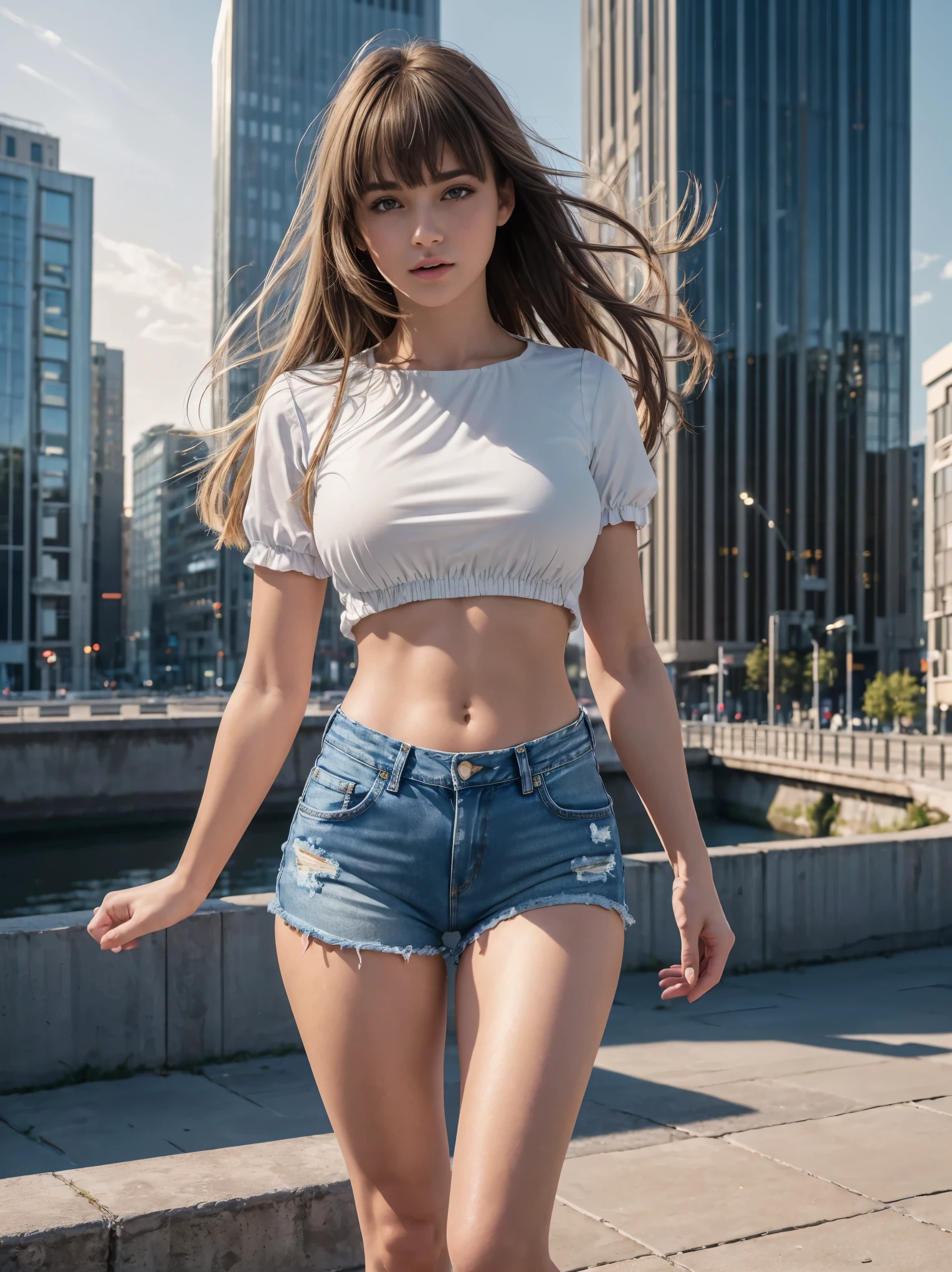 (best quality, masterpiece, ultra high resolution), (8k wallpaper, high-definition, HDR, RAW, Cinematic lighting, depth of fields), (hyperrealistic), (authenticity: 1.4), (full body shot), 1girl, (( girl)), (( Bangs hair)), ((Pretty American Girl)), ((Pretty face)), ((Tight clothes)), ((Brown Eyes)), ((Pale skin)), amazing slim body, thick legs, thick thighs, flat tummy, ((perfect hands)), ((Standing)), leaning forward, ((Sport Blouse)), ), ((denim shorts)), ((view at viewer)), ((Yawning)), (((On a modern city))), ((Buildings at background)), nostalgic illumination, sunlight, sunset illumination, divine illumination, contrast