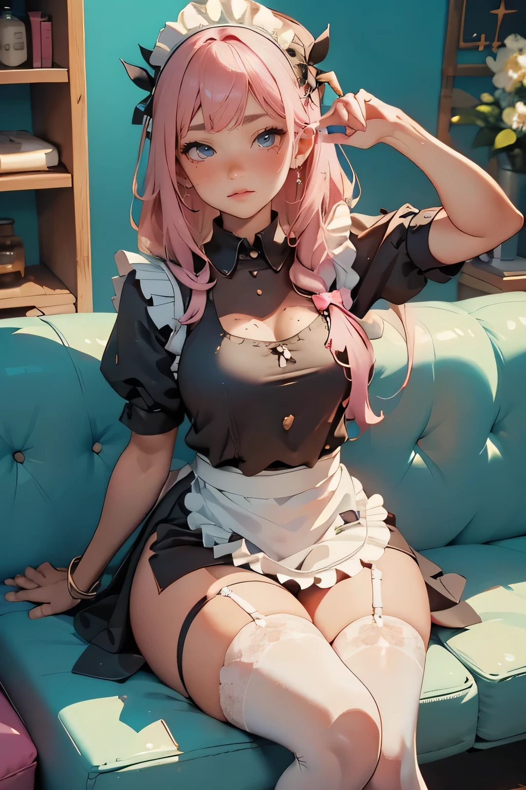 ((full body photo, feet on the floor, straight body)), (1Laura/woman/maid, large breasts), (black panties and bra with white parts/extremely tight on the body/maid's headdress on the head:1.9). She's inside a hotel room, she's in front of the window, (extremely exhibitionist:2.0), she's got (very short straight pink hair:1.5), (blue eyes:1.5), she's smiling, looking at the viewer; Anime style, masterpiece, high detail, anime, 16k, UHD, retina, retina, accurate, anatomically correct, textured skin, super detail, high quality, award-winning