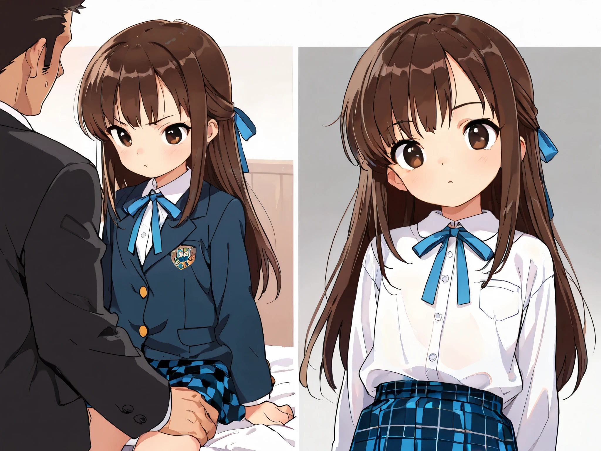 (Top Quality), (Very Aesthetic), (Super Detailed), (Best Illustration), NSFW, , 1male, 1girl, Girl , Girl, Half-up, Blue Ribbon, Long Hair, Straight Hair, Sideburns, Center Parting, Brown Hair, Brown Eyes, (Flat Chest), (Classic Style of School Uniform, Blazer, White Shirt and Checkered Skirt, Formal Look), 1male, 1girl, A man pushes a girl onto a bed