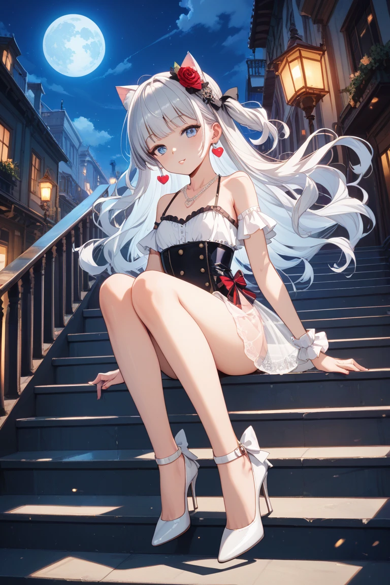 1 girl, 16 years old, Dynamic posing, dynamic angle, Arrange pose,Top quality work,Show Legs,(long white hair),(blue eyes), Rose cheeks, Pretty Face, A perfectly proportioned face, casual grey mini dress, tokyo street, round small breasts, summer